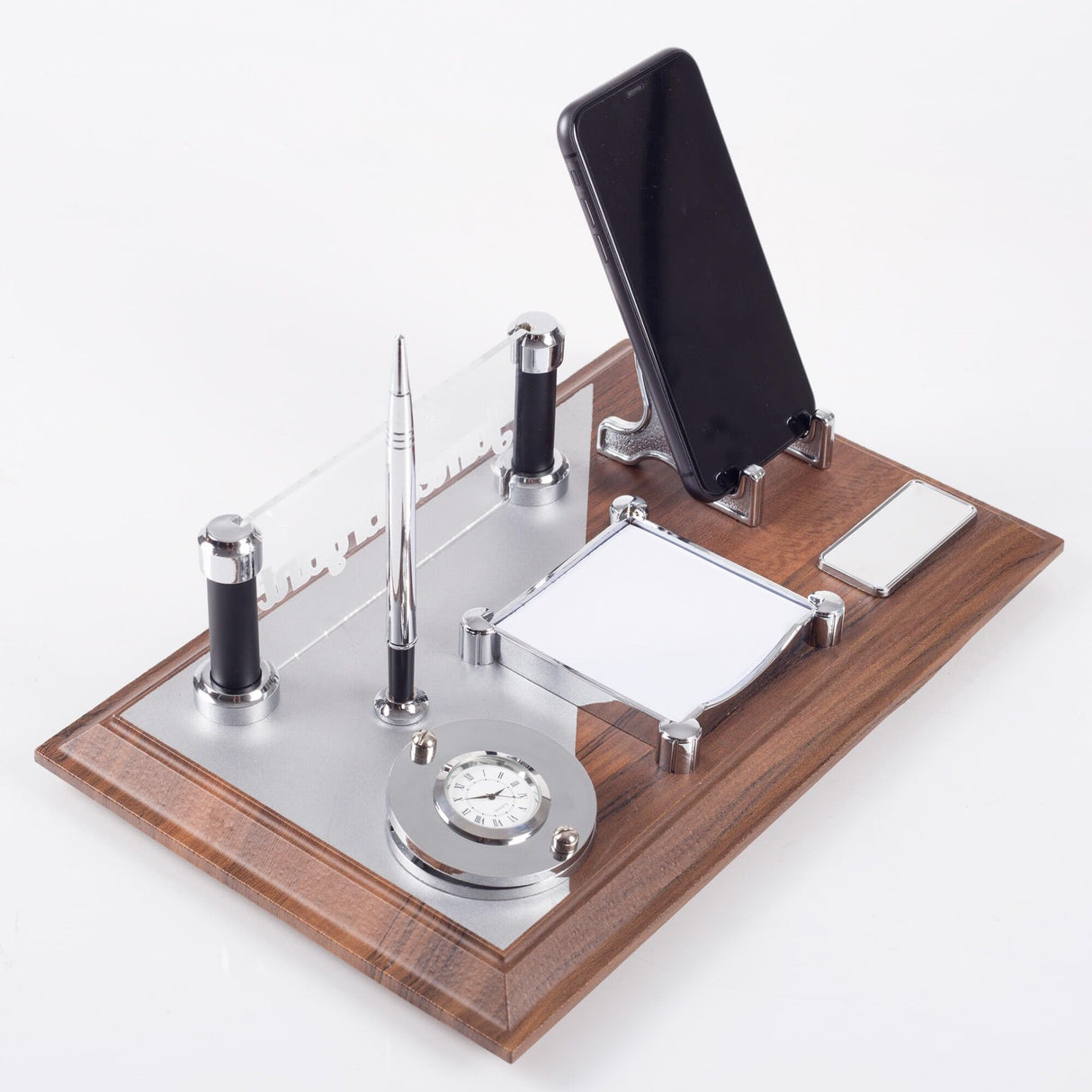 ofistike Wood Desk Name Plate Office Organizer, Solid Wooden Membrane Coating Desktop Sign with Phone Holder, Pen, Notepad and Clock ofistike