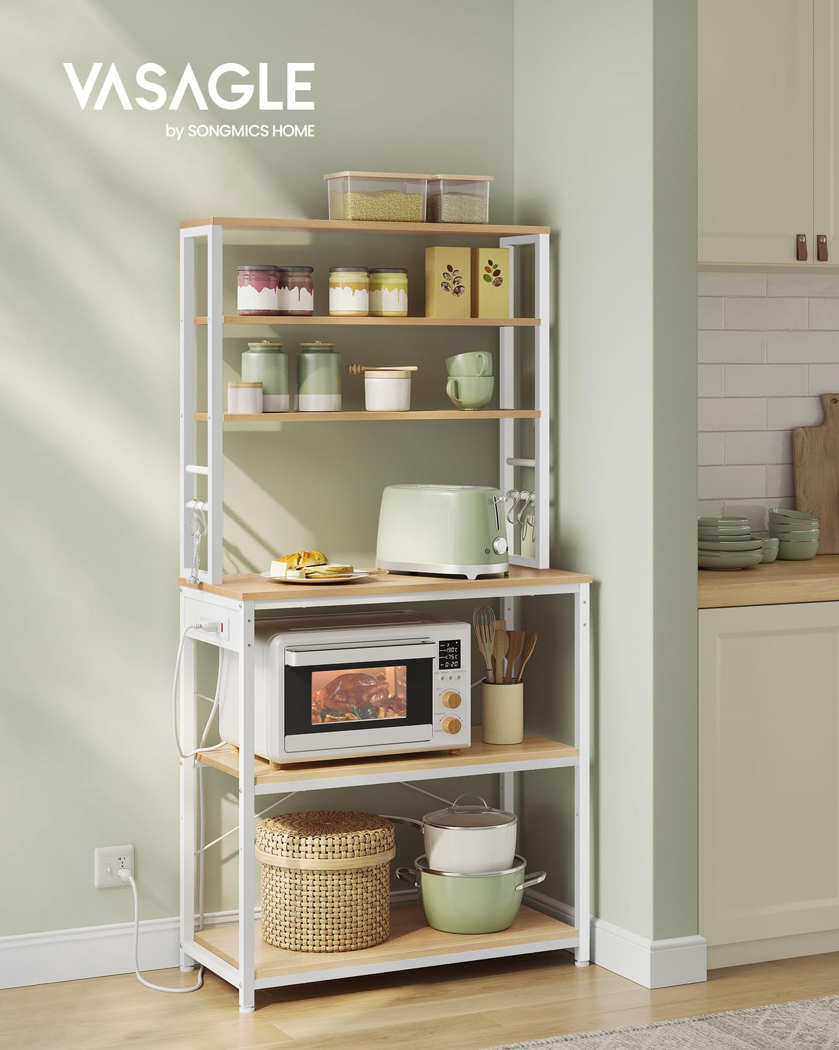 VASAGLE Bakers Rack with Power Outlet, 31.5 Inches Coffee Bar for Kitchen with Storage, 6-Tier Kitchen Shelves with 6 Hooks, Microwave Stand, Golden Oak and White UKKS119Y01 VASAGLE