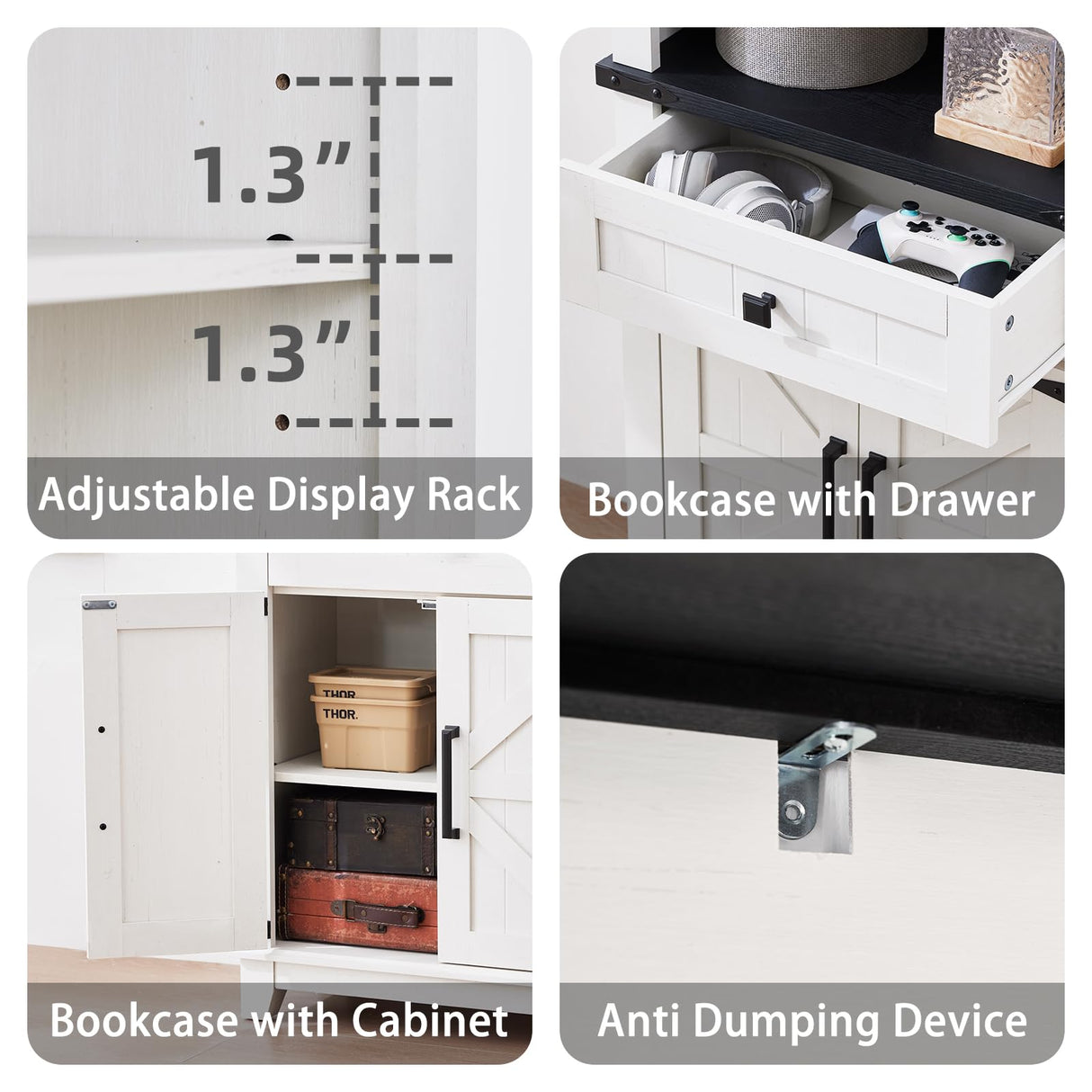 Joaxswe 72in Tall Bookshelf 7 Tier Bookcase with Drawer and Barn Doors and Adjustable Shelves, White Farmhouse Book Shelf with Storage Cabinet, Wood Freestanding Display Bookshelves for Kitchen (2PCS) Joaxswe