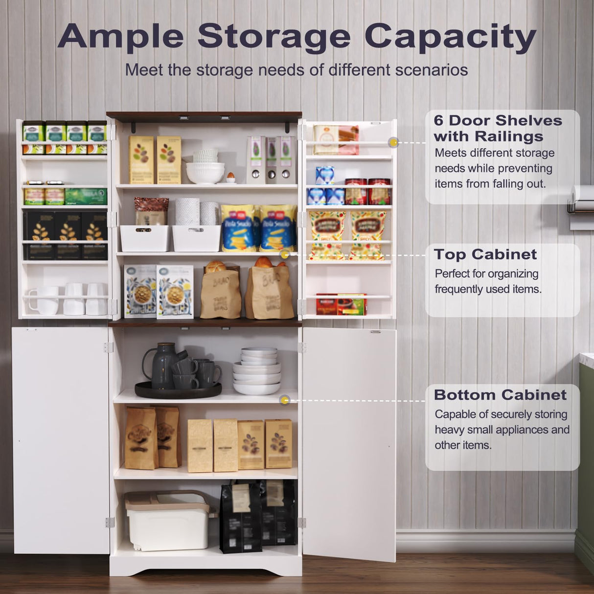 Furnify 72" Tall Kitchen Pantry, Farmhouse Pantry Storage Cabinet with Doors Organizer, Freestanding Cupboard with Adjustable Shelves, Rustic Buffet Cabinet for Kitchen, Dining Room, Bathroom, White Furnify