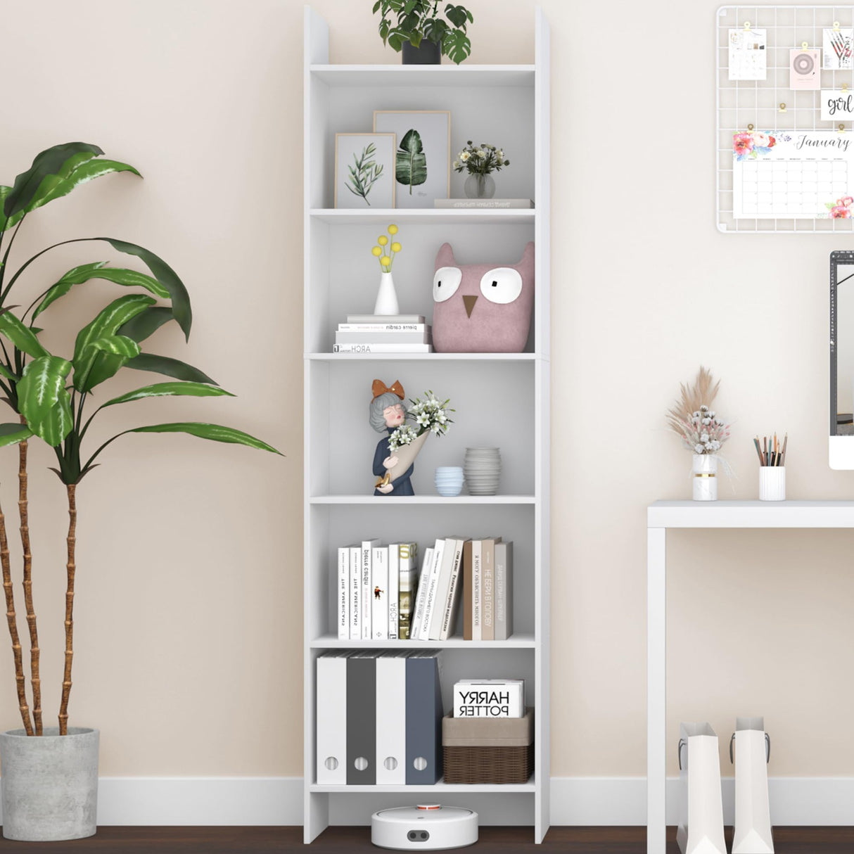 Hzuaneri 6-Tier Bookshelf, 66.9 Inches Floor Standing Bookcase, Display Storage Shelf, Corner Shelf, Home Decor Furniture for Home Office, Living Room, Bedroom, White 01103XBC Hzuaneri