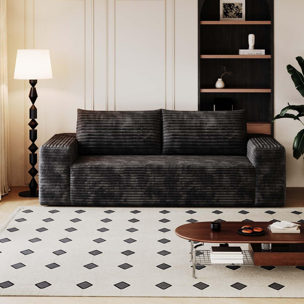 63" Cloud Loveseat Sofa, Modern Corduroy Boneless Couch with Deep Seat Memory Foam, Comfy 2 Seater Foam Floor Couches for Living Room Bedroom Apartment, No Assembly Required (Black, 63"+2 Seaters) YskdhfczQ