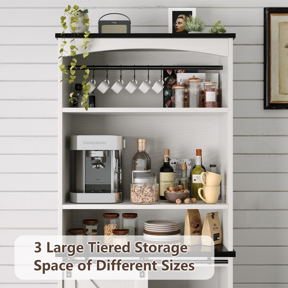 4ever2buy Farmhouse Tall Coffee Bar with Tall Hutch, White Coffee Bar Cabinet with 3 Tier Shelves, 70 Inch Buffet Cabinet with Sliding Barn Door and Adjustable Shelves for Living Dining Room 4ever2buy