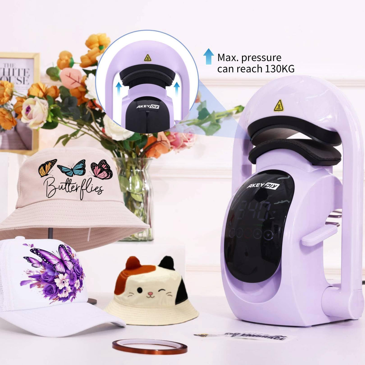 AKEYDIY 3-in-1 Auto Hat Heat Press Machine for Caps, with 3pcs Interchangeable Platens, Automatic Open & Release, Touchscreen for Precise Time & Temp Control, Heat Transfer Printing for Caps, Purple AKEYDIY