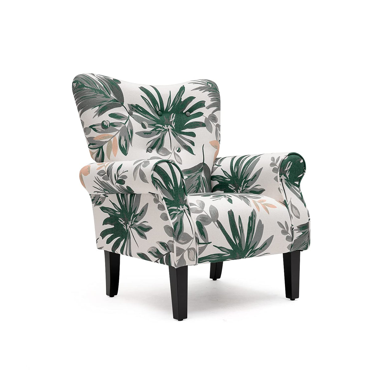 YOLENY Mid Century Wingback Arm Chair,Modern Upholstered Fabric High Back Accent Chair with Wood Legs,Upholstered Single Sofa Club Chair for Living Room, Bedroom, Home Office, Green Leaves YOLENY