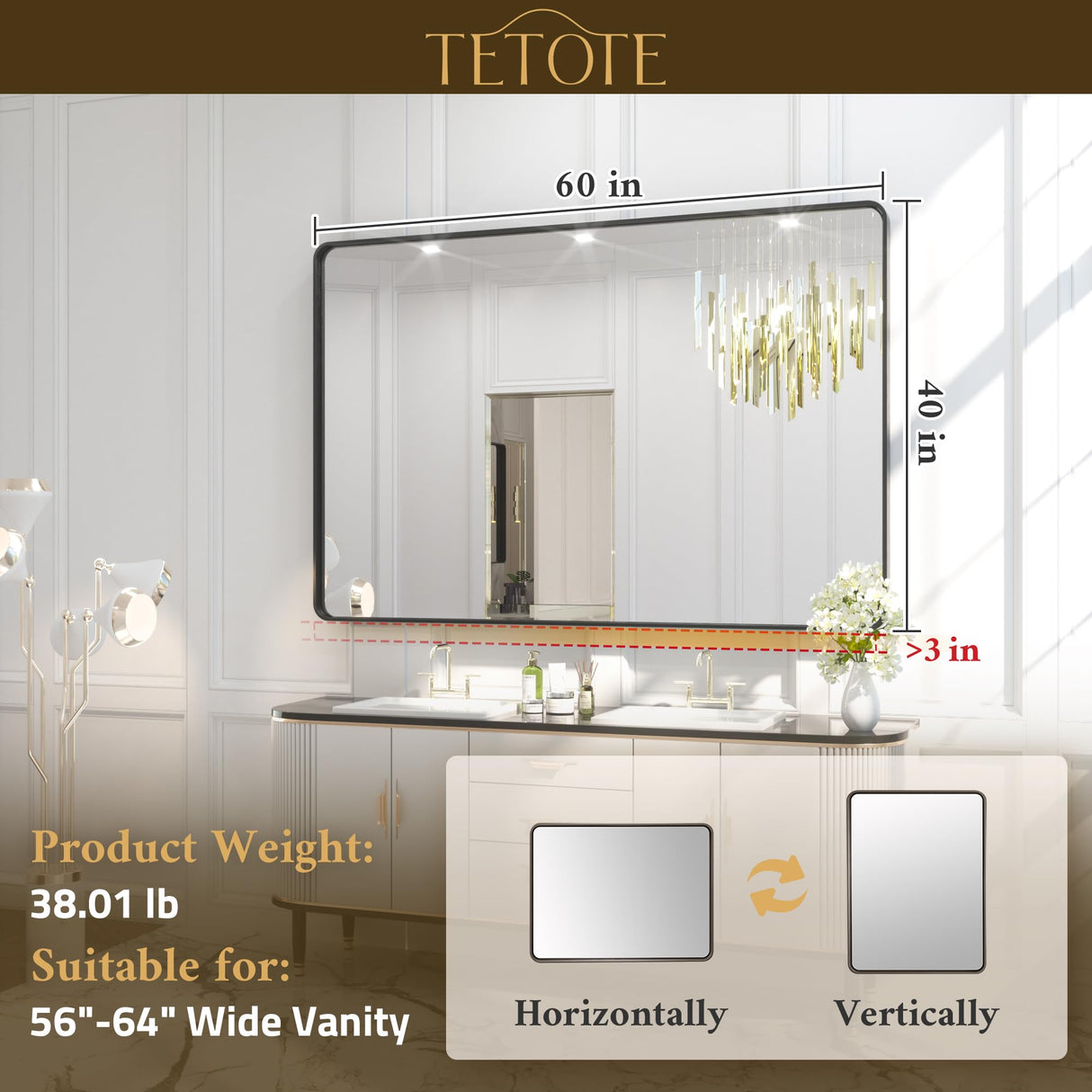 TETOTE 60 x 40 Inch Brushed Gold Frame Mirror, Brass Bathroom Vanity Mirror for Wall, Modern Rectangle Round Corner Matte Framed Mirror (Horizontal/Vertical) TETOTE