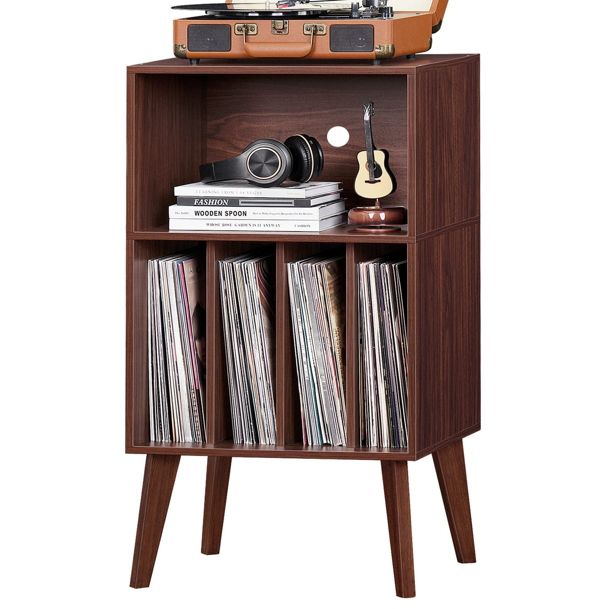 Lerliuo Record Player Stand, Walnut Turntable Stand Holds up to 160 Albums, Mid-Century Vinyl Storage Cabinet Table with Solid Wood Legs, Record Player Holder Dispaly Shelf for Bedroom Living Room Lerliuo