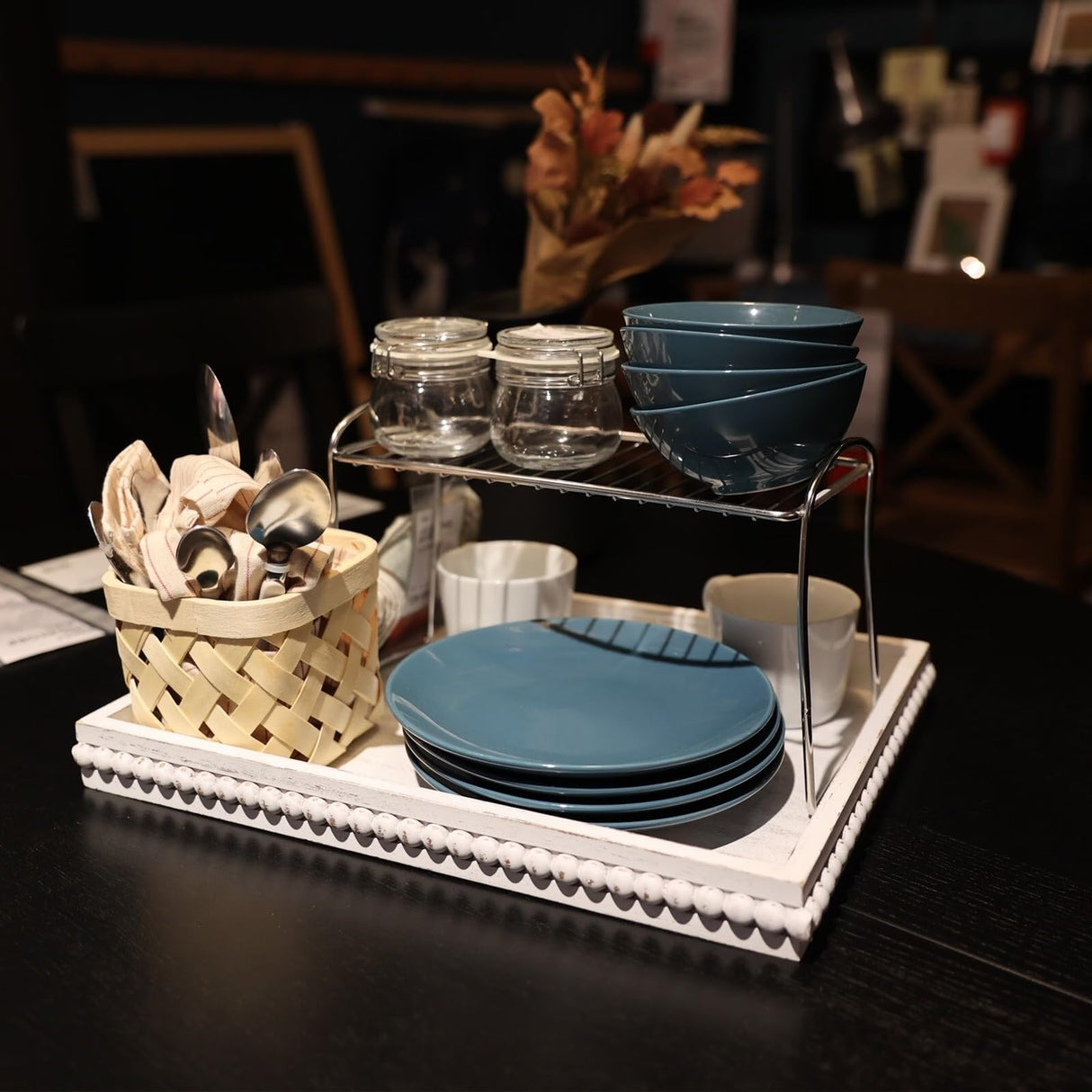 Hrastany Wood Decorative Coffee Table Serving Tray, Farmhouse Rectangular Tray with Wooden Bead for Ottoman, Entertaining, Home Decor, 15.7”*11.8”*1.57” (Whitewashed) Hrastany