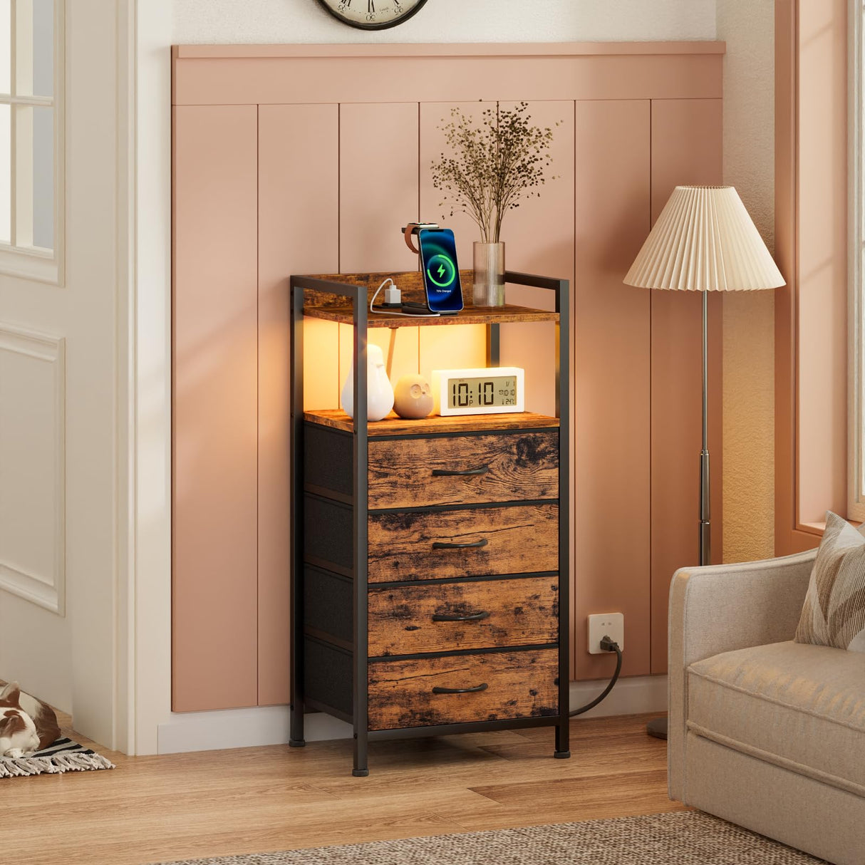 Furnulem 4 Drawer Dresser for Bedroom, Tall Nightstand with Led Light and Charging Station, Small Night Stand Bedside Table, Fabric Bins, Metal Frame, Wood Shelf, Side Furniture(Rustic Brown) Furnulem