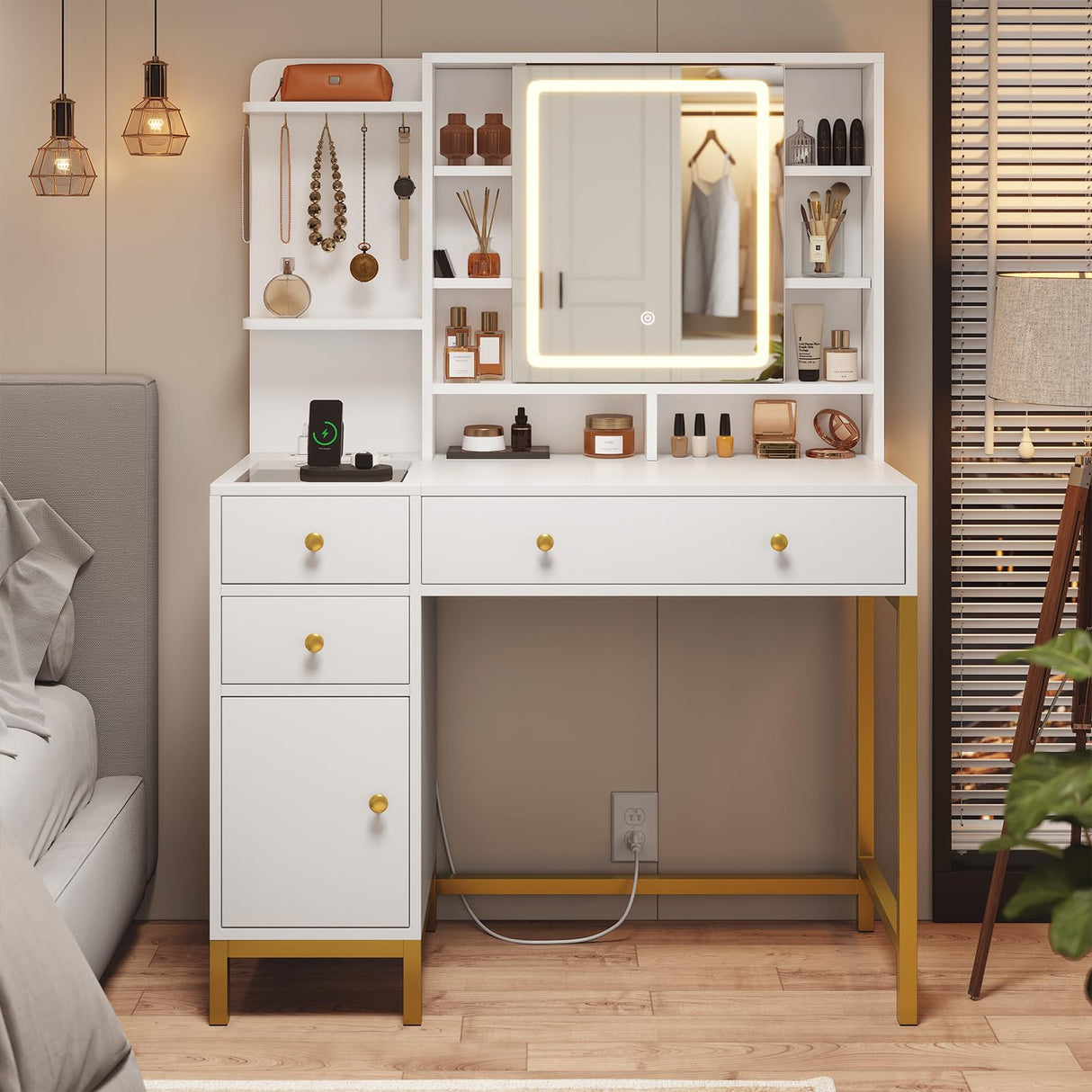 AOGLLATI Makeup Vanity with Lights in 3 Colors, White Vanity Desk with Mirror and Lights, Vanity Table with Charging Station, Makeup Desk with Visible Drawers, Hidden and Open Storage Shelves AOGLLATI