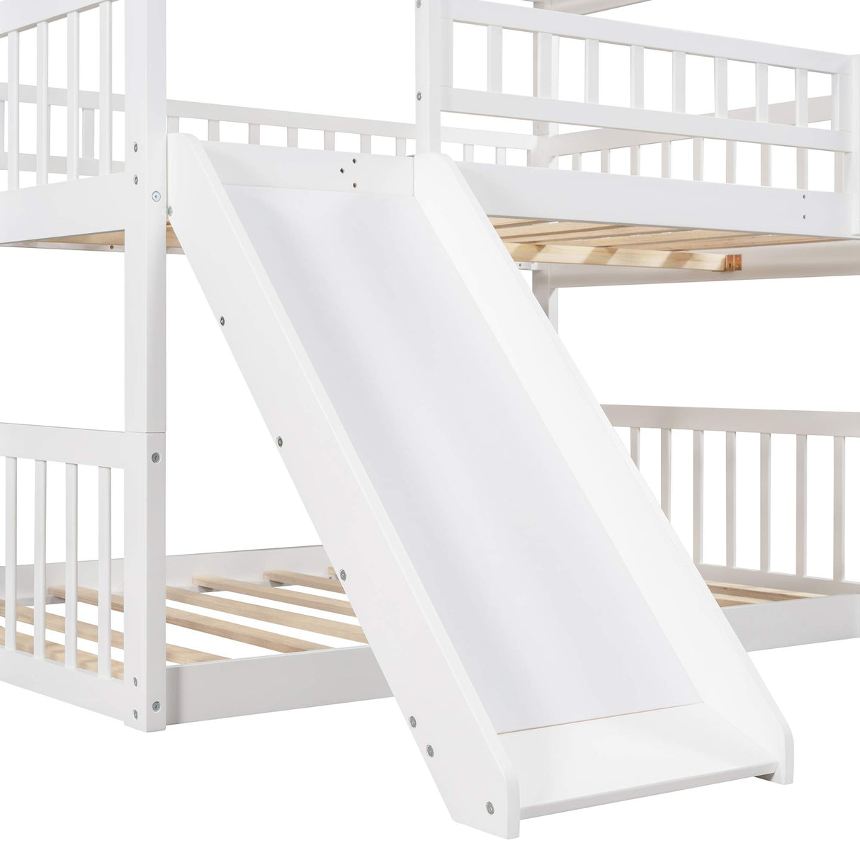 Aiuyesuo Triple Bunk Bed Full-Over-Full-Over-Full Size with Convertible Ladder and Slide for Kids Teens, Solid Wood Triple Bunk Bed with Guardrails for 3, Maximized Space (White-4) Aiuyesuo