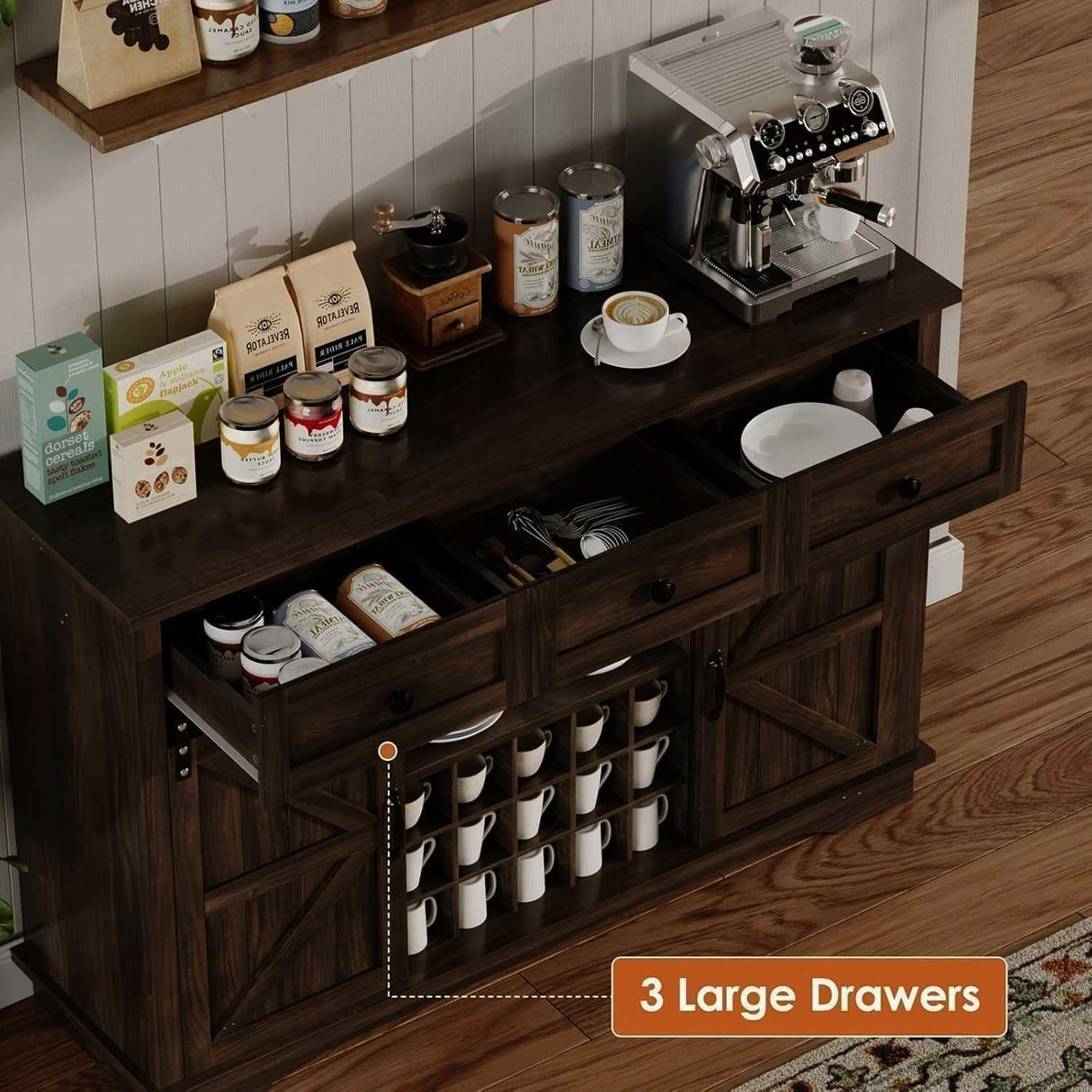 4ever2buy Farmhouse Coffee Bar Cabinet with Sliding Barn Door, Wine Bar Cabinet with Storage, 54 Inch Coffee Bar with 3 Drawers & 15 Racks, Buffet Cabinet for Living Dining Room, Kitchen, Dark Oak 4ever2buy