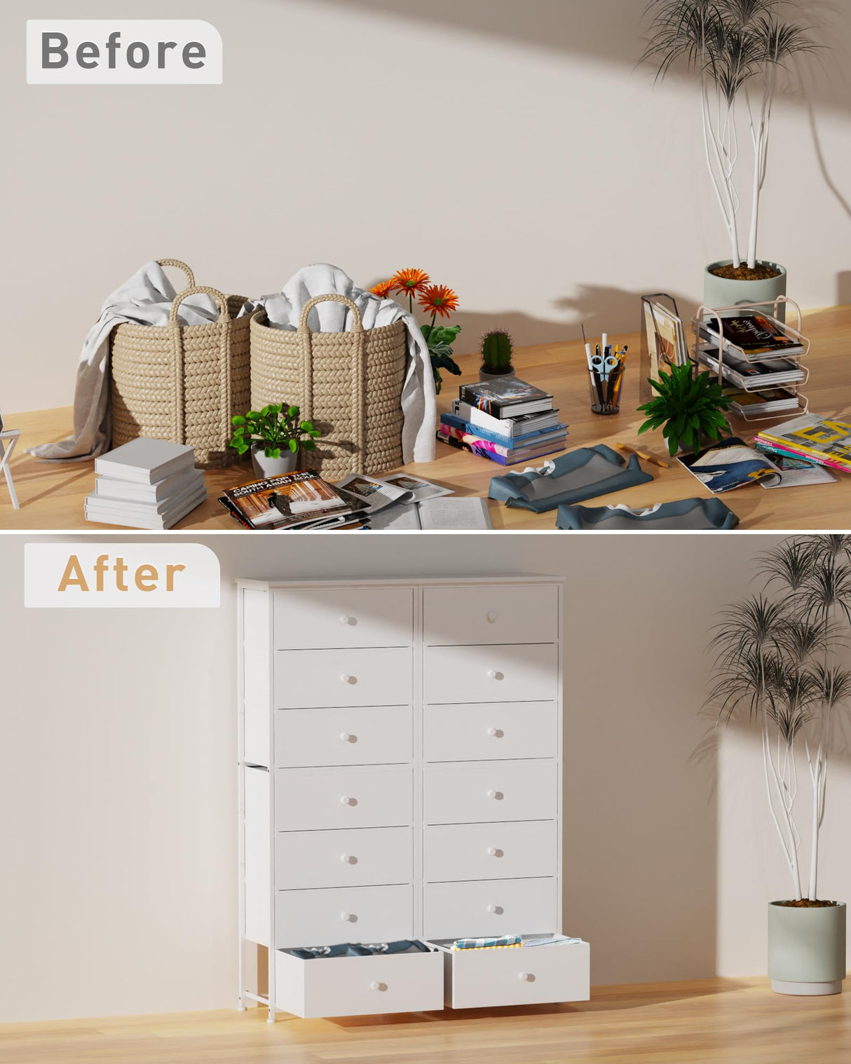 Mifuro Tall Fabric Dresser for Bedroom, Vertical Storage Organizer Tower with 7 Drawers, Chest of Drawers with Fabric Bins, Steel Frame, Wood Top for Bedroom, Closet, Entryway- White Mifuro