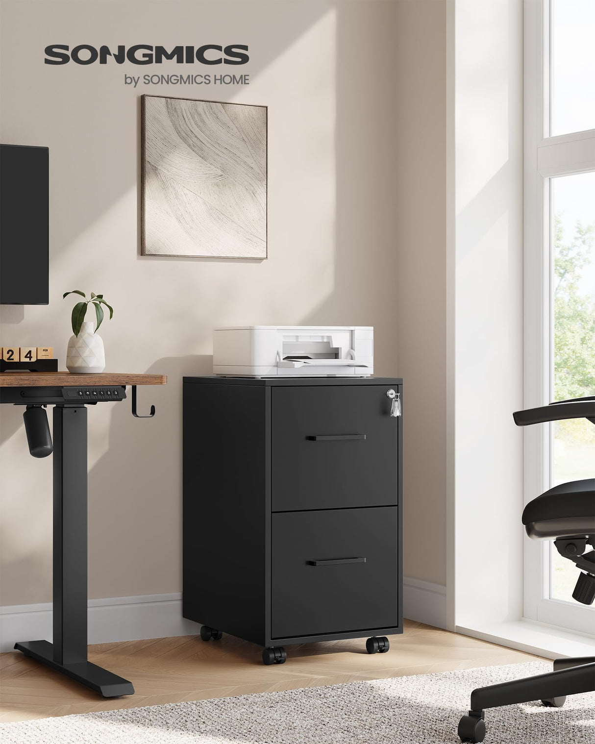 SONGMICS File Cabinet, Pre-Assembled Except Wheels and Handles, Office Filing Cabinet with Lock, for A4, Legal, Letter Sized Documents, 17.7 x 14.4 x 25.4 Inches, Matte Black UOFC112B01 SONGMICS