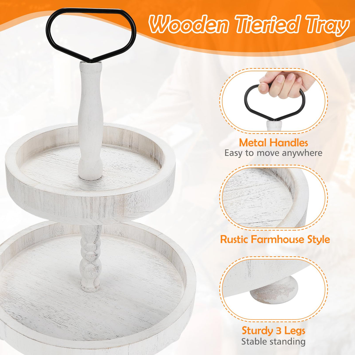 2 Tiered Tray Stand Decor, Wooden 13 Inch Tiered Tray Decor for Farmhouse, Kitchen, Coffee Bar, Home, Suit for Halloween, Fall Thanksgiving, Christmas, New Year BAIVV