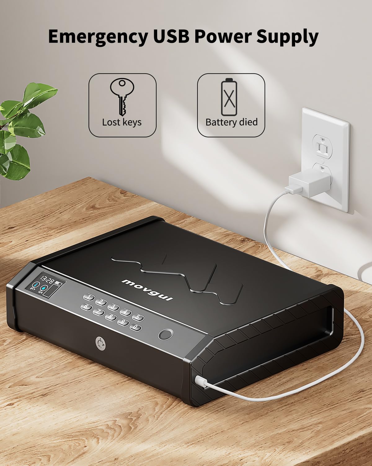 movgul Gun Safes, Biometric Pistol Safe with LCD Display of Temperature Humidity USB Port, Gun Safes 3 Ways Quick Access Fingerprint Handgun Safe for Nightstand Car movgul