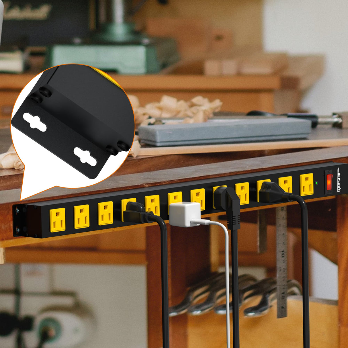 12 Outlet Long Power Strip, 3FT Power Cord, 2100 Joules Surge Protector, Wide Spaced Outlet Power Bar, Overload Protection Switch, Industrial Heavy Duty for Work Bench, Shop, Garage Plug'n