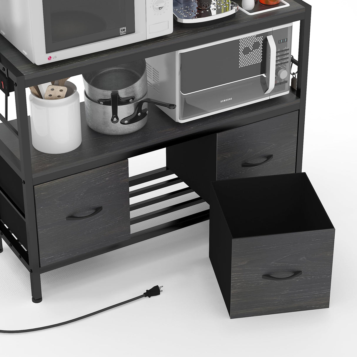 NAIYUFA Kitchen Bakers Rack with Power Outlet,5-Tier Free Standing Kitchen Storage Shelf Bakers Rack with Baskets,Industrial Microwave Oven Stand,Metal Kitchen Rack Organizer with Hooks(Black) NAIYUFA