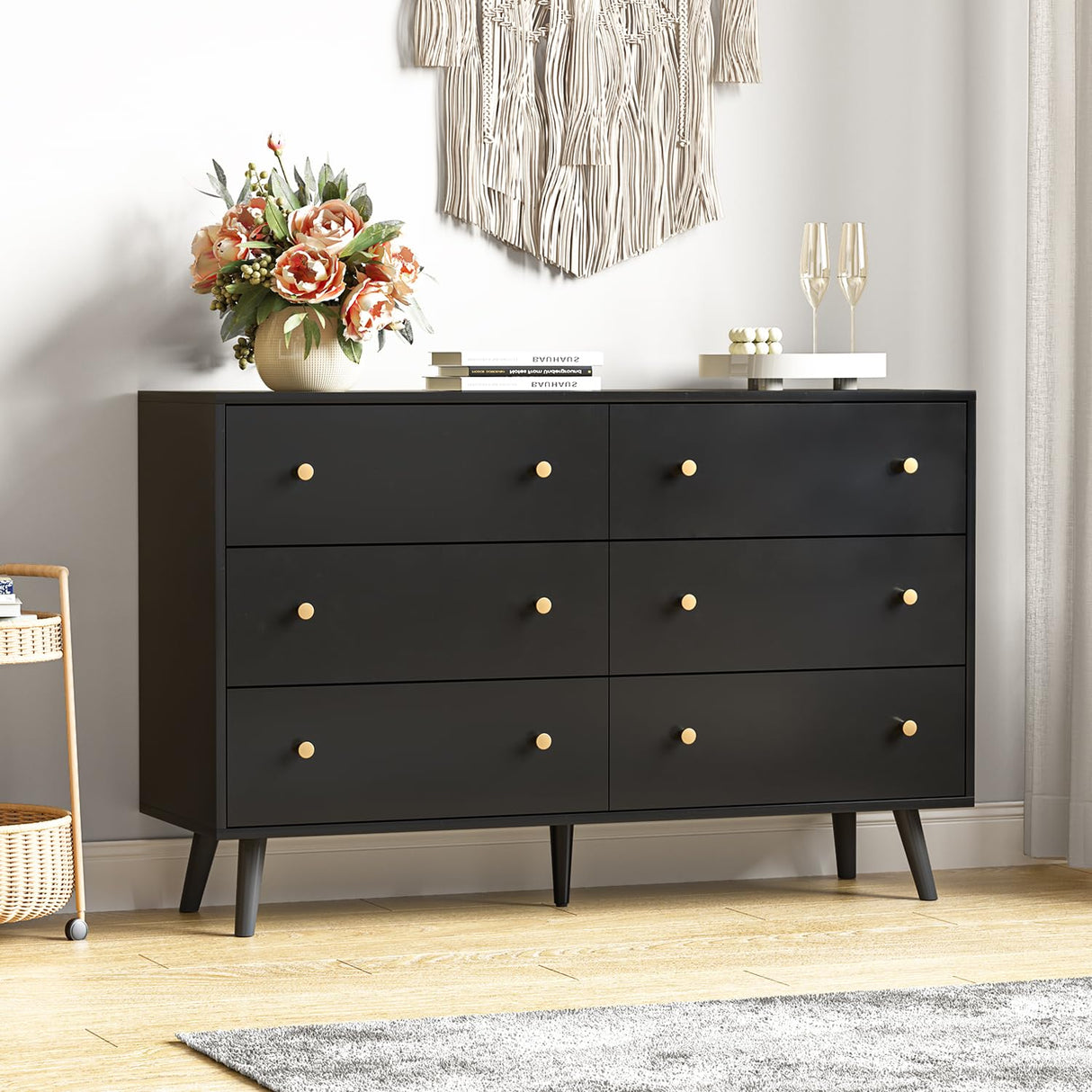 HOUROM Black Dresser, Modern 6 Drawer Double Dressers, Wood Chest of Drawers for Living Room, Hallway, Entryway HOUROM
