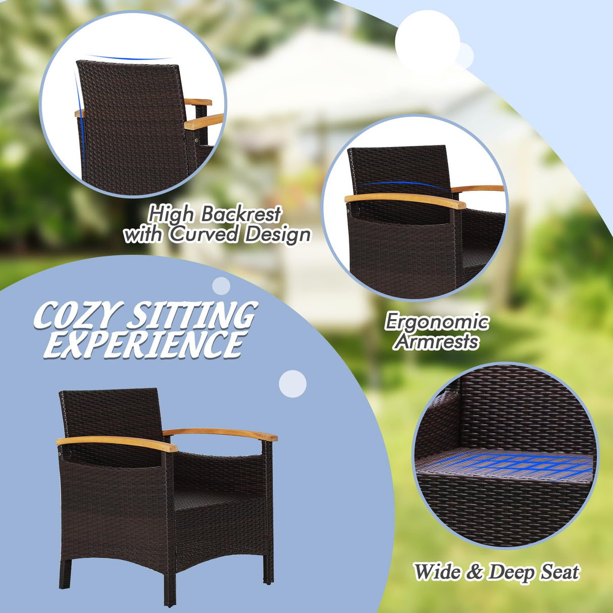 KOTEK 3 Piece Patio Furniture Set, Outdoor Conversation Set with Removable Cushions, Acacia Wood Tabletop and Armrests, PE Rattan Wicker Bistro Set for Porch, Balcony, Backyard (Navy Blue) KOTEK