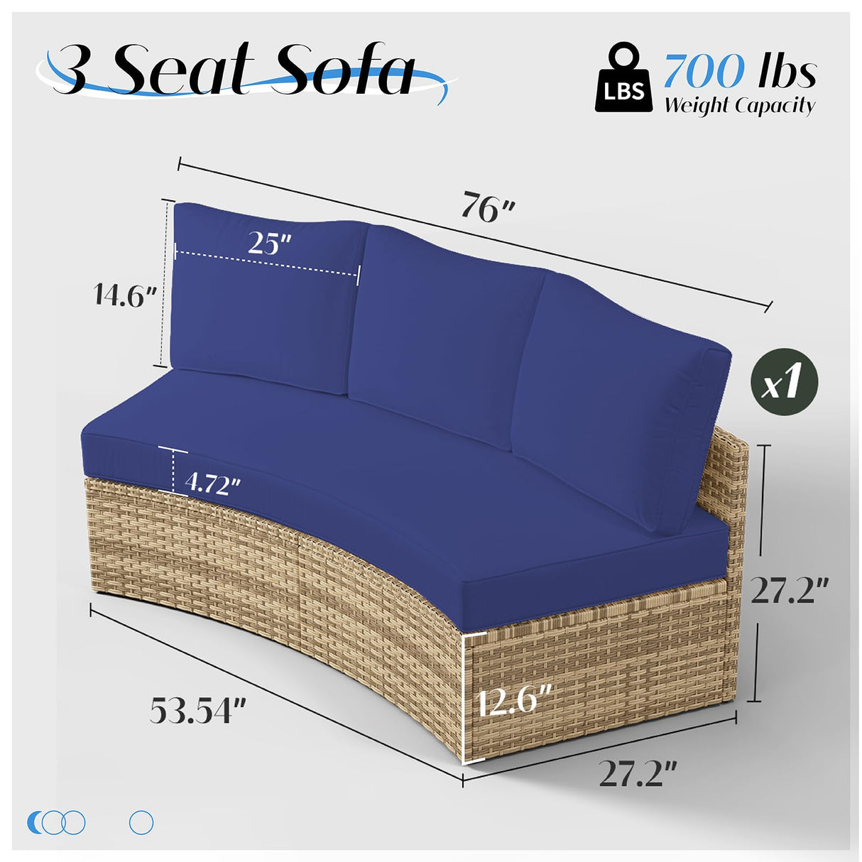 LUXOAK Patio Furniture Sets, 3 Piece Half-Moon Sectional Round Sofa Set, Outdoor Patio Furniture with Cushions for Beach, Pool, Balcony, Blue LUXOAK