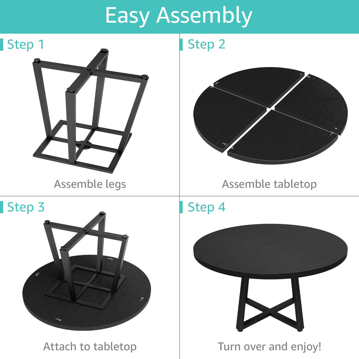 Black Round Dining Table for 6 - Modern Circle 51 Inch Large Room Kitchen Dinning Tables for 4 to 6 Person Seats Small Spaces Wood Dinner Mesa De Comedor Redonda NUTIKAS