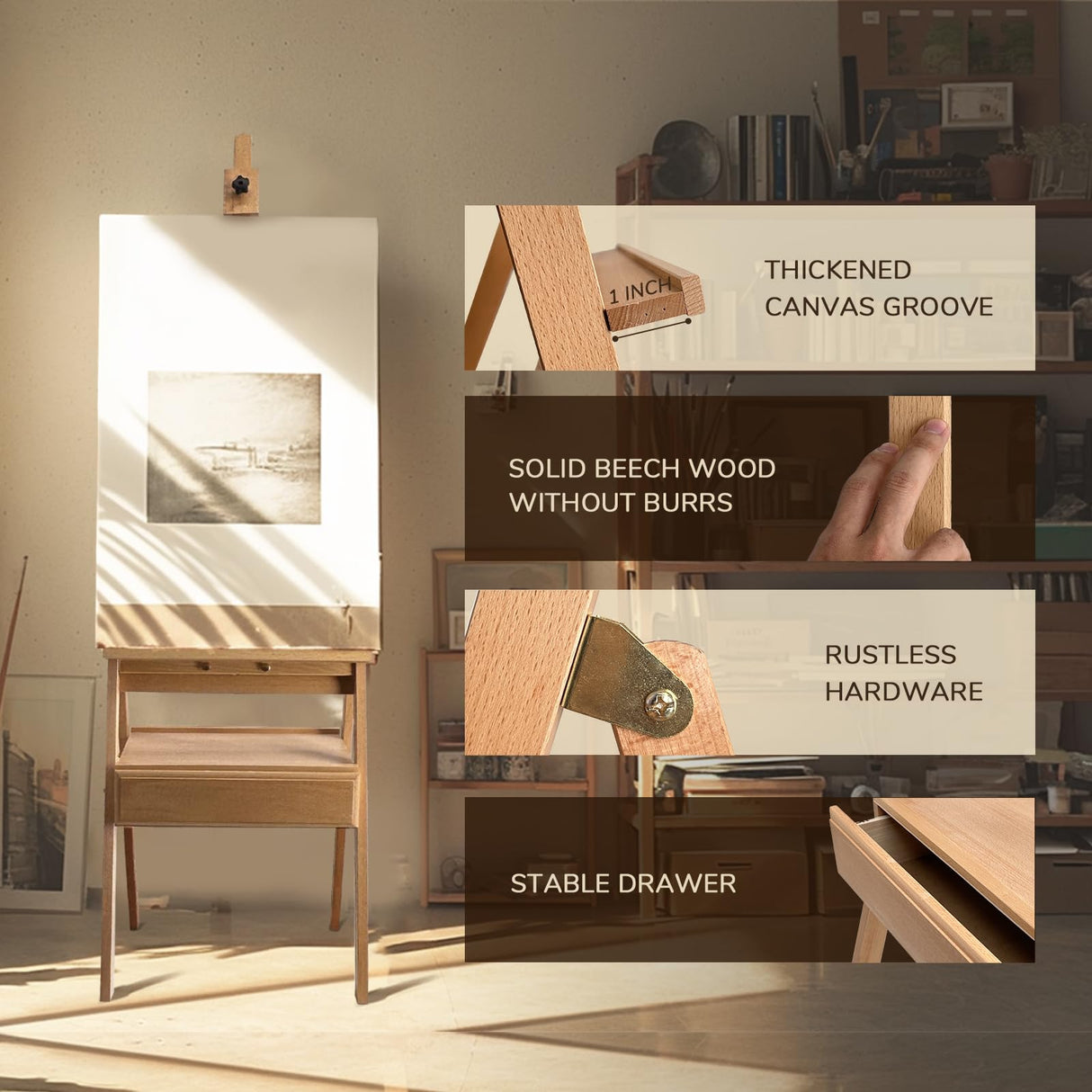 Stuelloaf Large Solid Beech Wood Painting Easel with Storage Drawer(60"~75" H), H-Frame Adjustable Wooden Easel Stand with Signature Box for Adults, Students,Sturdy Canvas Holder up to 36'' Stuelloaf