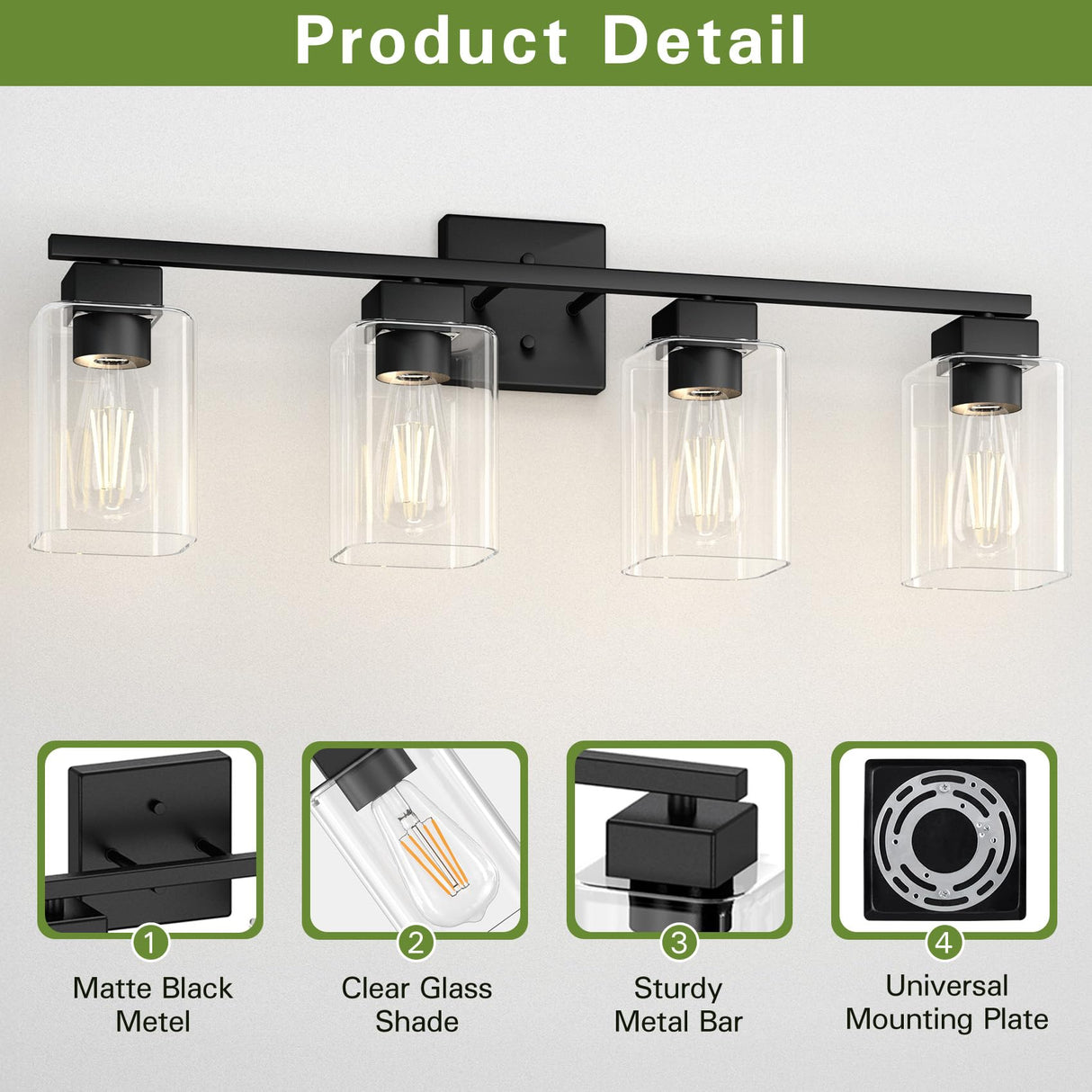 Espird 4 Light Bathroom Vanity Light - Matte Black Bathroom Light Fixtures Square Design & UL Certification, Square Light Fixture Over Mirror, Farmhouse Light Fixtures for Bathroom & Bedroom Espird
