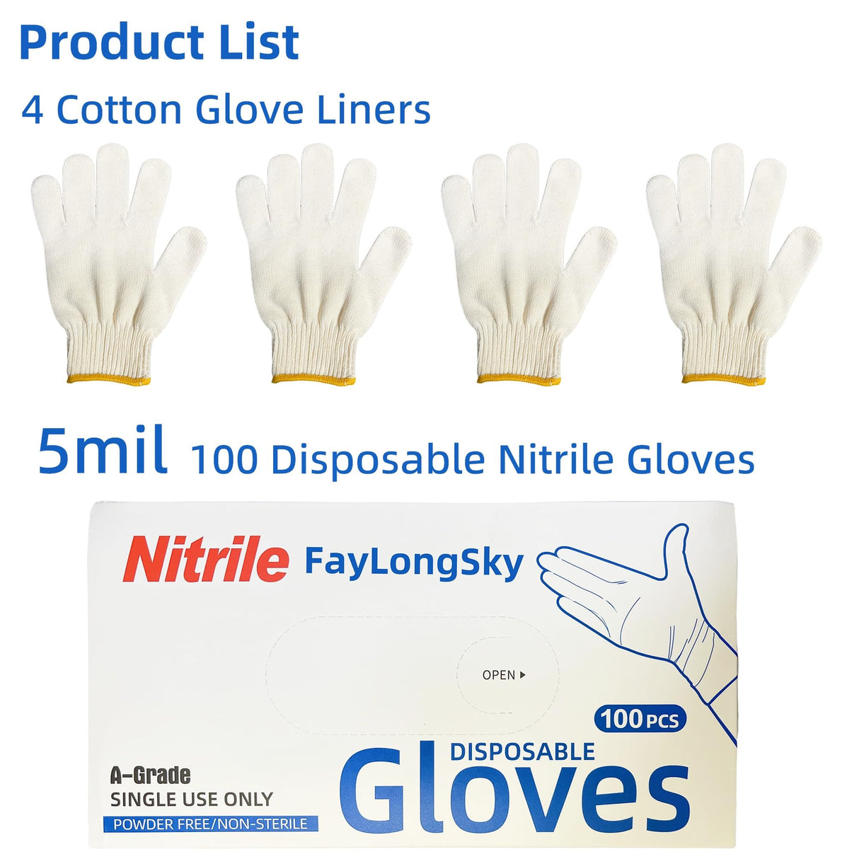 FayLongSky Disposable BBQ Gloves, 100 Count Nitrile Gloves & 4 Cotton Glove Liners, Powder-Free Latex-Free (Large) FayLongSky