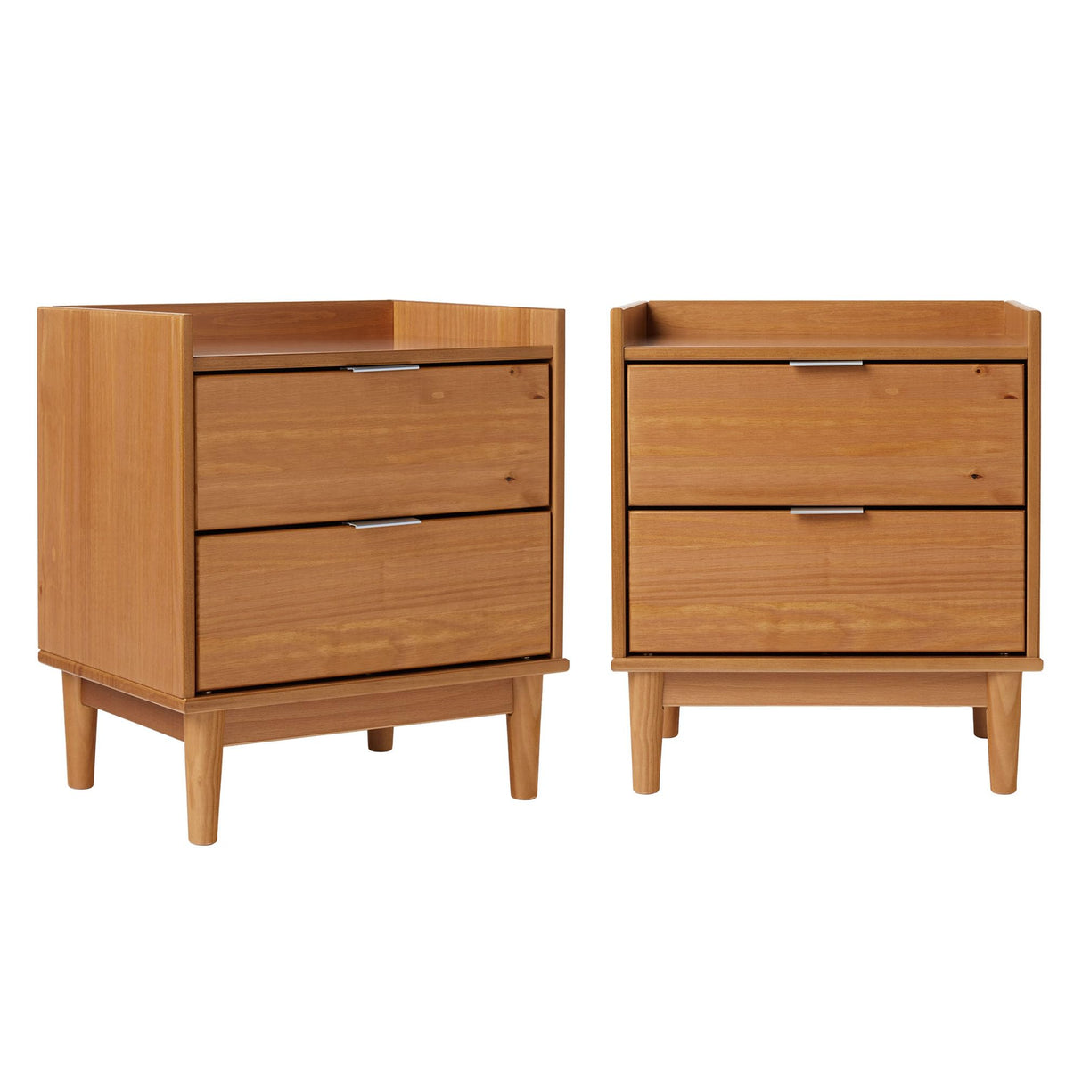 Walker Edison Mid-Century Modern 2-Drawer Solid Wood Nightstand, 20 Inch, Set of 2, Caramel Walker Edison