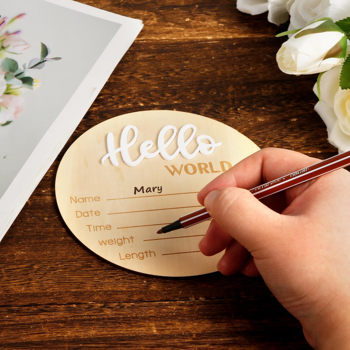 Baby Announcement Sign, 5.9 Inch Wooden Hello World Newborn Sign Birth Announcement Signs Baby Name Announcement Plaques for Photo Props Baby Shower NQEUEPN