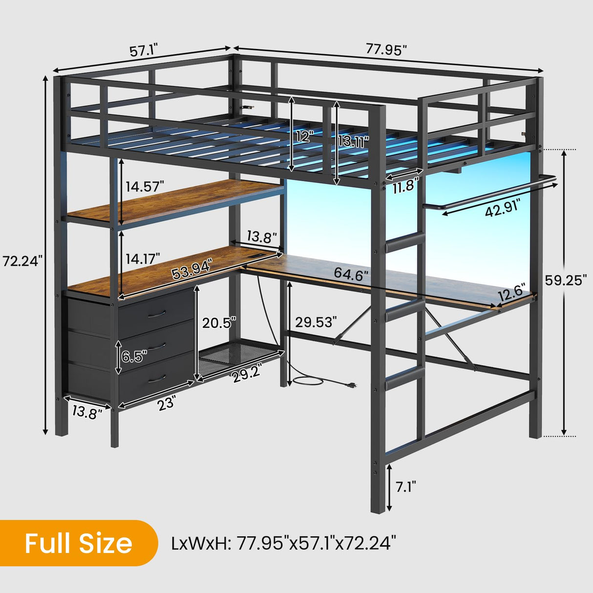 DICTAC Loft Bed Full Size with L-Shaped Desk and Charging Station Full Metal Bed Frame with LED Lights,Open Shelves and 3 Fabric Storage Drawers,Loft Beds with Top Bunk -Safety Guard & Stairs,Black DICTAC
