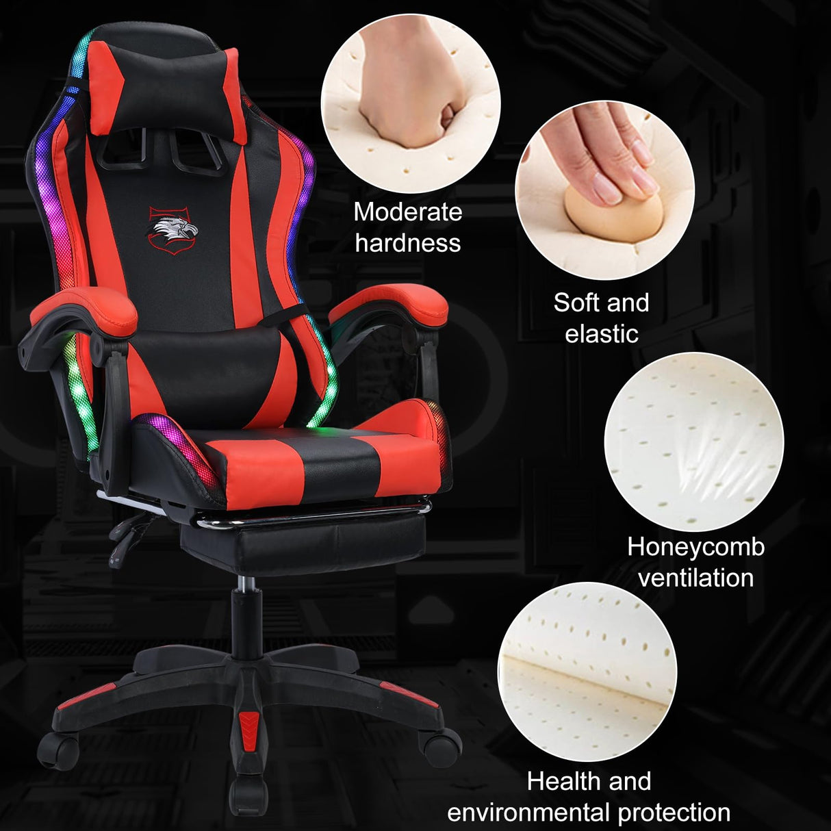 Gaming Chair with Compatible Speakers and RGB LED Lights, Ergonomic Massage Computer Gaming Chair with Height Adjustable, Video Game Chair High Back with Lumbar Support (Black & Red) Cuteam