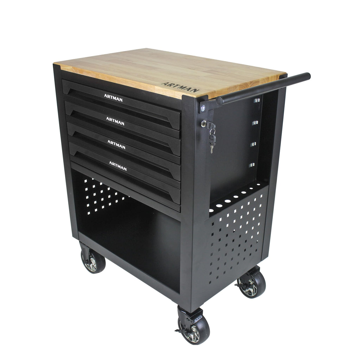 36" Tool Box with Wheels 4 Drawers Rolling Tool Cart, Wooden Top Workbench, 660lbs Total load Tool Cabinet with Locked Drawers Storage Organizer Cabinet for Garage, Warehouse, Repair Shop - Black pouseayar