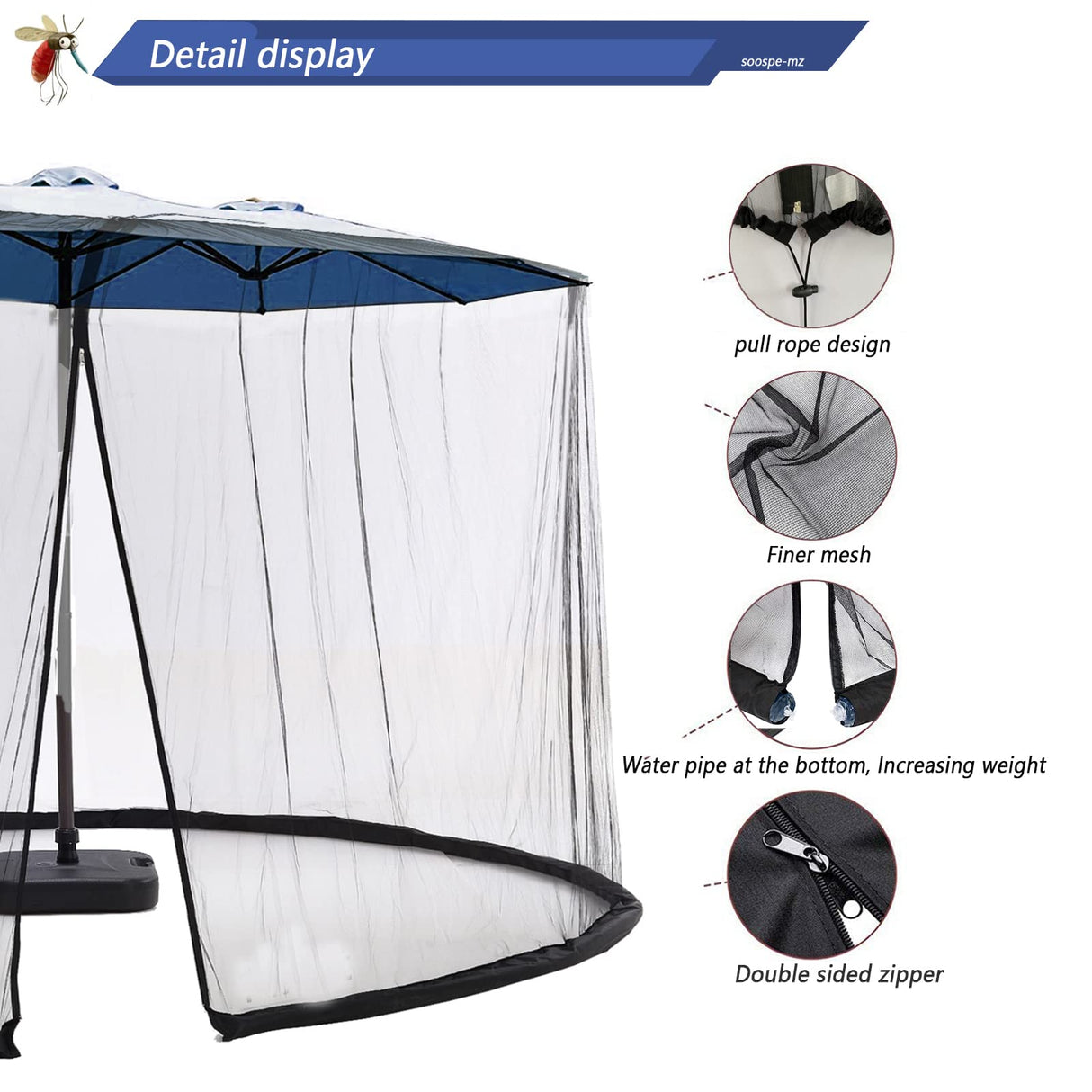 Mosquito Netting for 15FT Patio Umbrella Double-Sided, Screen Walls Zipper Double Door Black (for 15FT Umbrella) SOOSPE-MZ