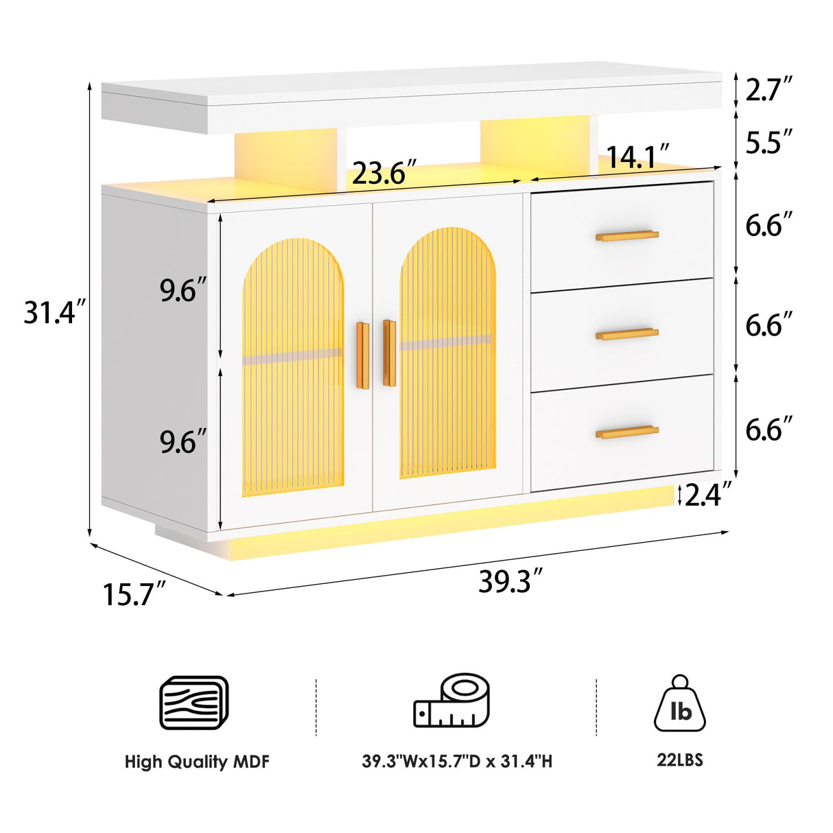 soges 39.4" LED Buffet Cabinet, Modern Sideboard Buffet with RGB 7-Color Light Strip, Large Kitchen Storage Cabinet with Storage for Bar, Office, Coffee Bar Station with 3 Drawers soges