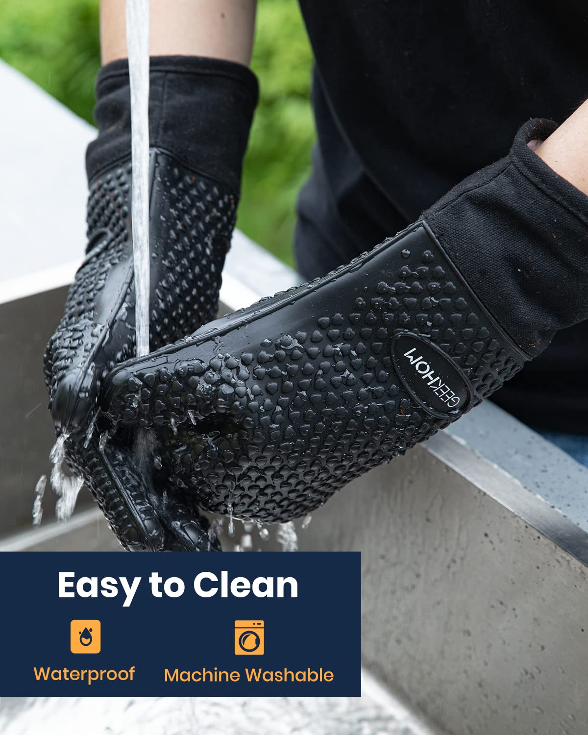 GEEKHOM BBQ Gloves, Grilling Gloves Heat Resistant Oven Gloves, Kitchen Silicone Oven Mitts, Long Waterproof Non-Slip Pot Holder for Barbecue, Cooking, Baking (Black) GEEKHOM