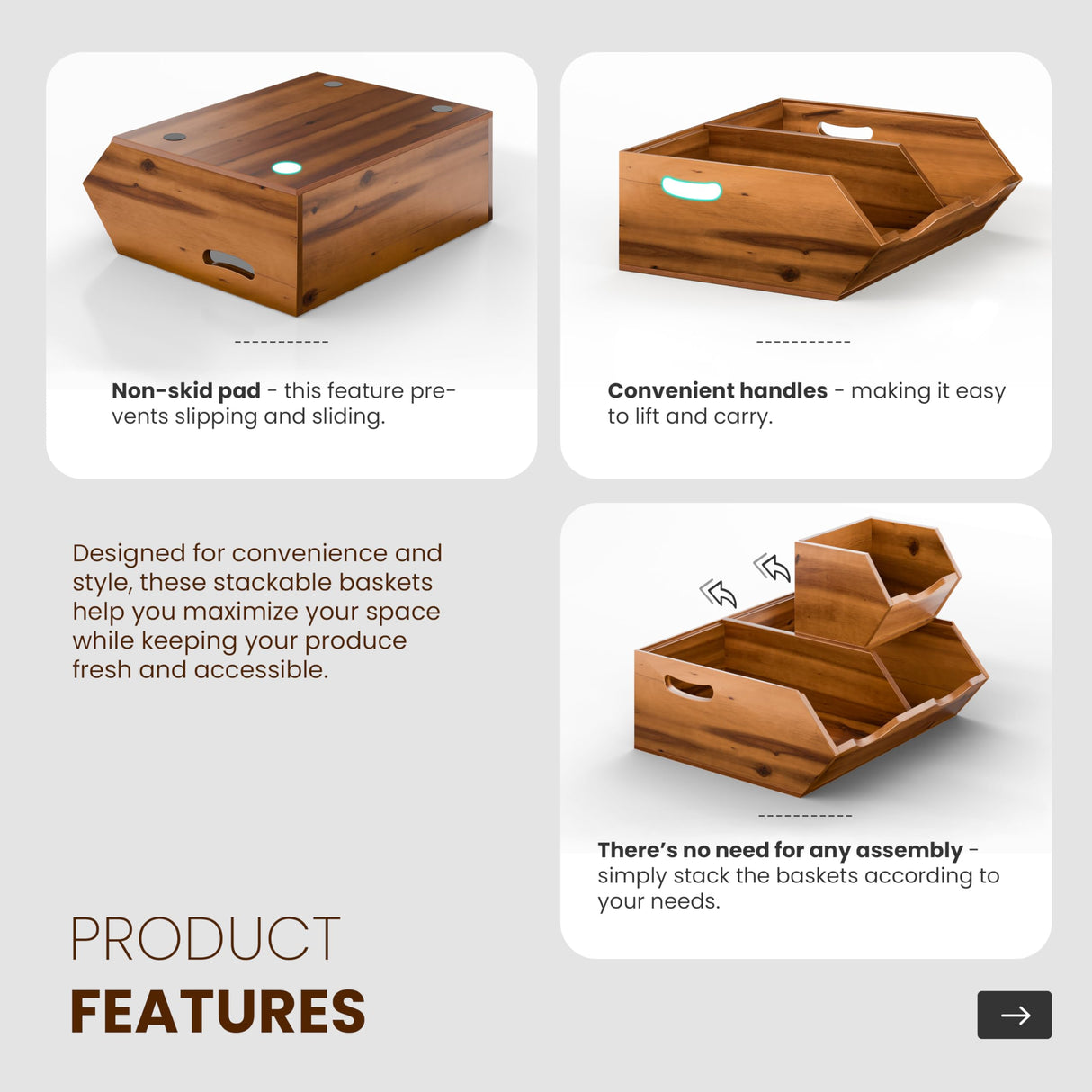 HOLANA Acacia Wood Pantry Storage Bins - Wooden Stackable Baskets - Potato and Onion Storage - Fruit Basket for Pantry Organization - Fruit Bowl for Kitchen Counter - Fruit and Vegetable Storage HOLANA