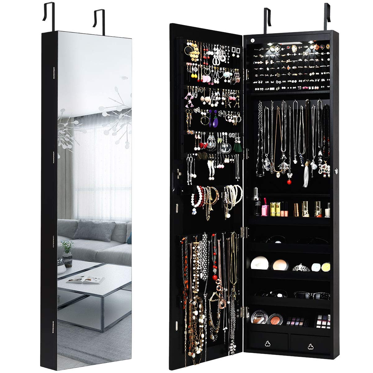 Giantex Wall Door Mounted Jewelry Armoire Cabinet with 47.5" H Full Length Mirror, 2 LEDs Lockable Jewelry Organizer Box with Bracelet Rod, 2 Drawers, Large Storage Capacity (Black) Giantex
