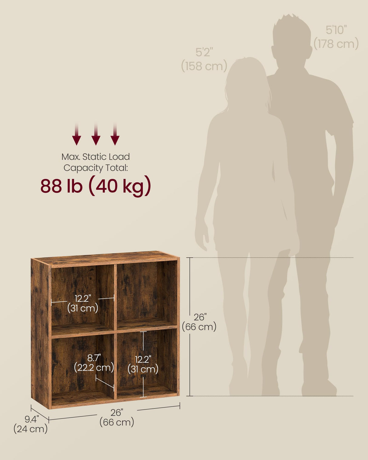 VASAGLE Custos Collection - Bookshelf, Bookcase, Cube Shelf with 4 Compartments, 9.4 x 26 x 26 Inches, Storage Shelf, for Living Room, Home Office, Dining Room, Rustic Brown ULBC476K01 VASAGLE