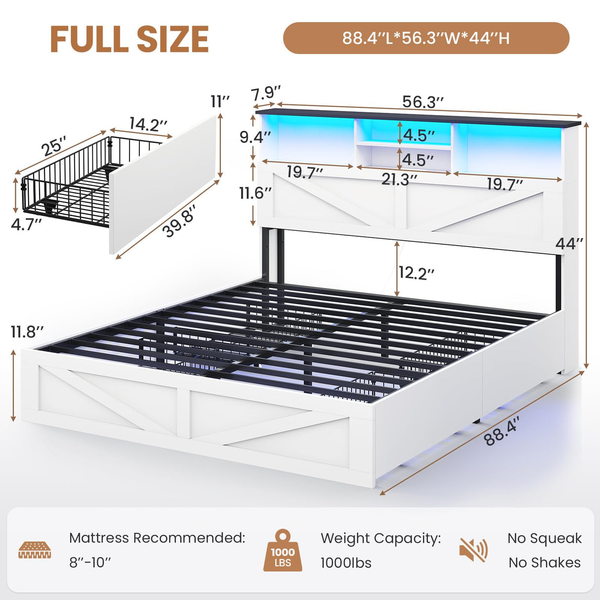 VIAGDO Farmhouse Bed Frame Full Size with Bookcase Storage Headboard, Charging Station and LED Lights, Wooden Full Bed Frame with 4 Drawers, Barn Door Design, No Box Spring Needed, No Noise, White VIAGDO