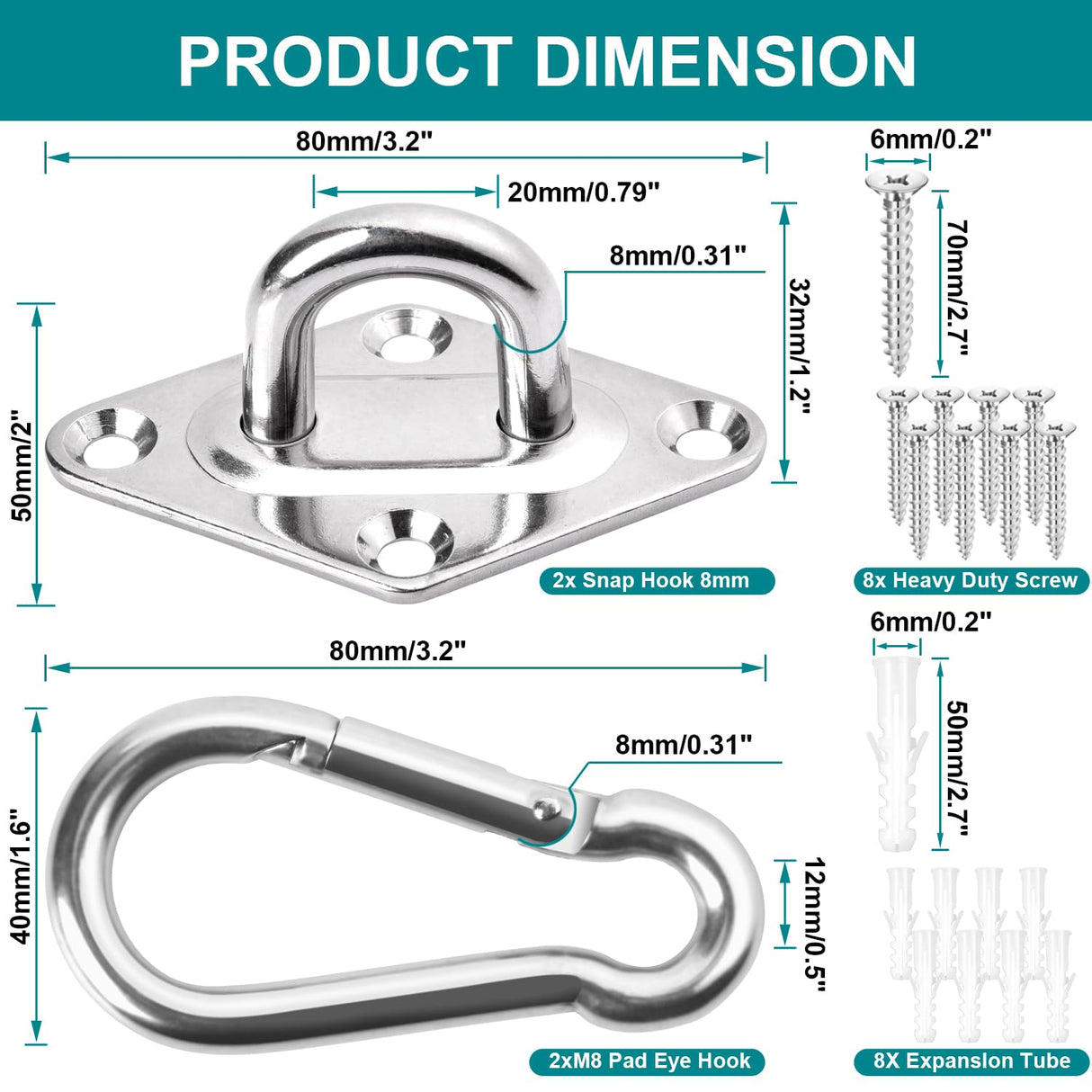 CZXNBI Heavy Duty Hammock Hanging kit - 1000 lb Capacity Swing Hooks, Ceiling Hooks for Wall/Ceiling Mount, Indoor & Outdoor - Stainless Steel (Medium) CZXNBI