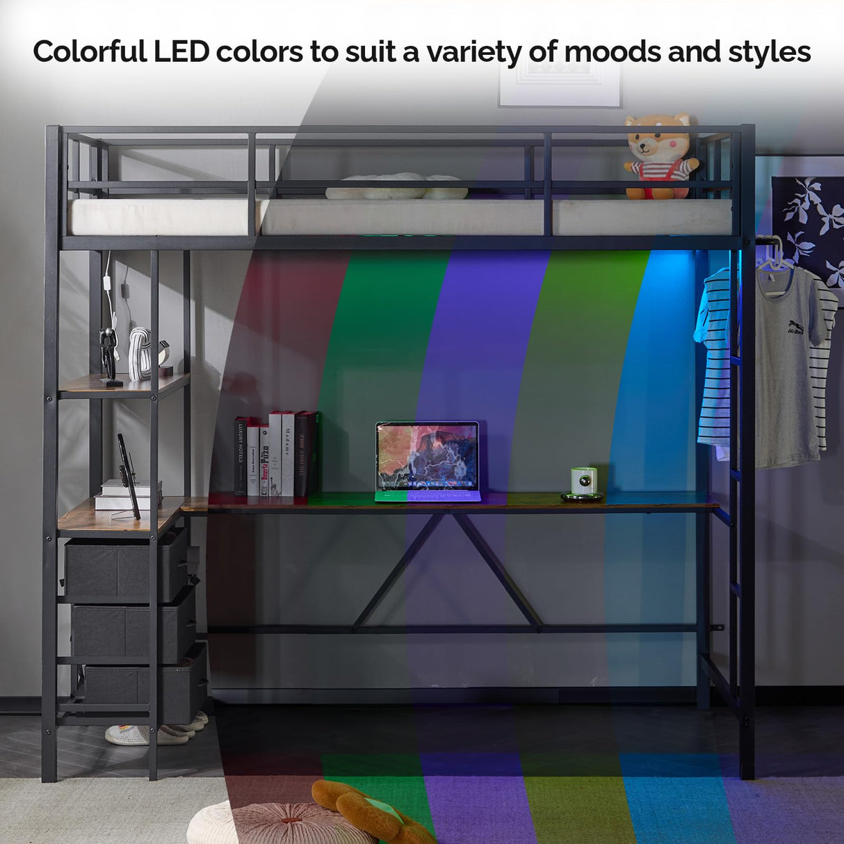 VINGLI Twin Metal Loft Bed Frame with L-Shaped Desk, Charging Station, LED Lights, Storage Shelve & Drawers, Safety Guardrail & Ladder, Bunk Bed for Kids, Teens & Adults, No Box Spring Needed, Black VINGLI