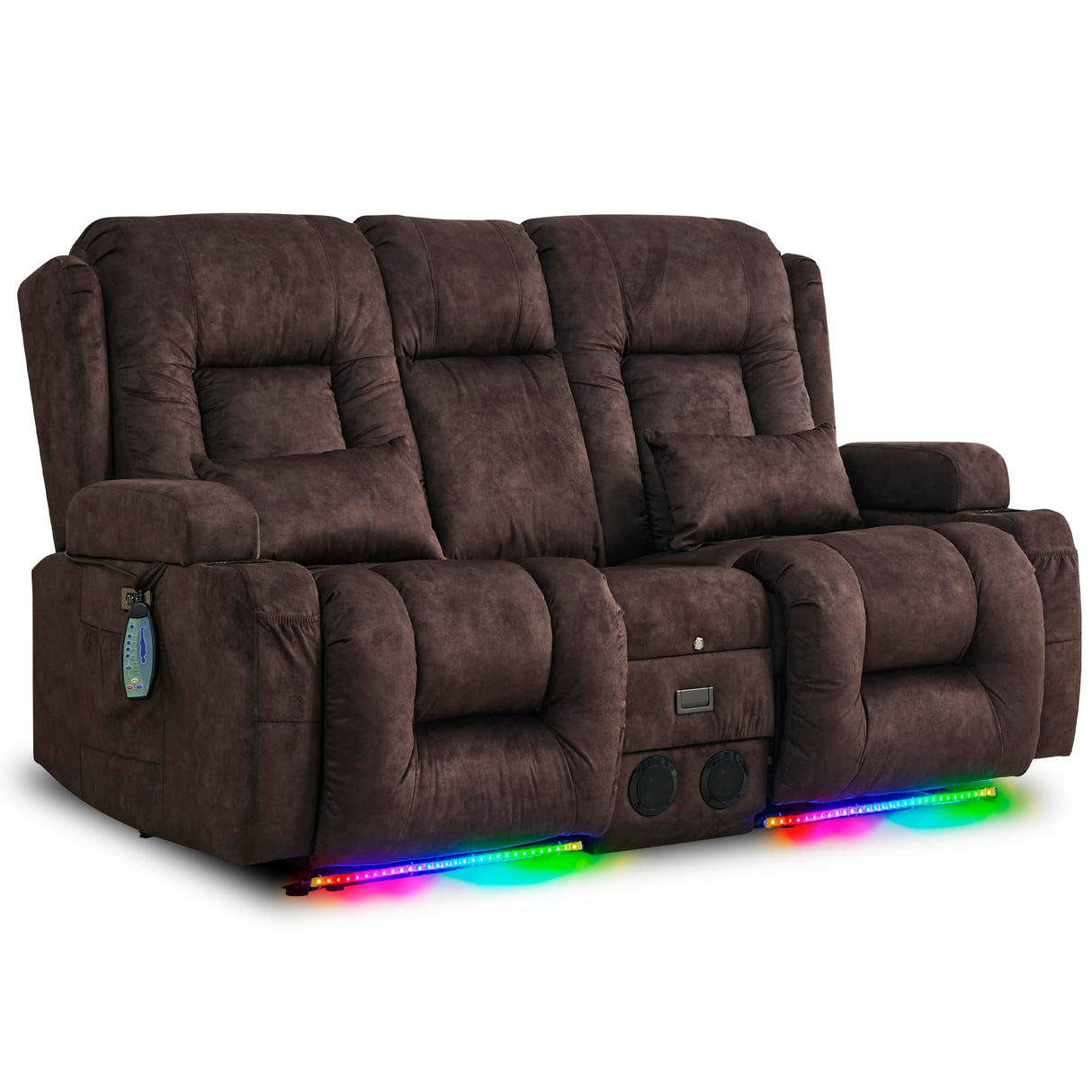 URRED Power Loveseat Recliner Sofa, Velvet Fabric Home Theater Seating with LED Ambient Light, Double Recliner RV Sofa with Flipped Middle Backrest/Bluetooth Speakers/USB/Built-in Outlets, Brown URRED