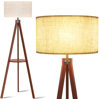 LEPOWER Tripod Floor Lamp, Mid Century Wood Standing Lamp, Modern Design Shelf Floor Lamp for Living Room, Bedroom, Office, Flaxen Lamp Shade with E26 Lamp Base