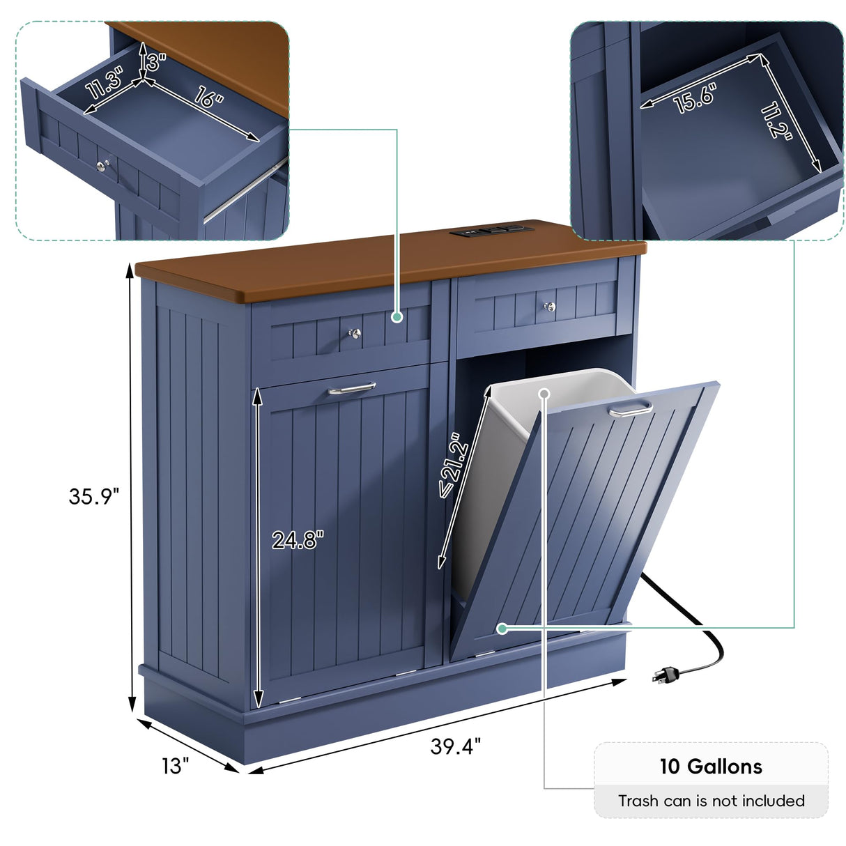 Betterhood Double Tilt Out Trash Cabinet with Power Outlet, 10 Gallon Trash Cabinet with Storage,Pet Proof Trash Can with 2 AC & USB Sockets for Kitchen,Living Room (Blue) Betterhood
