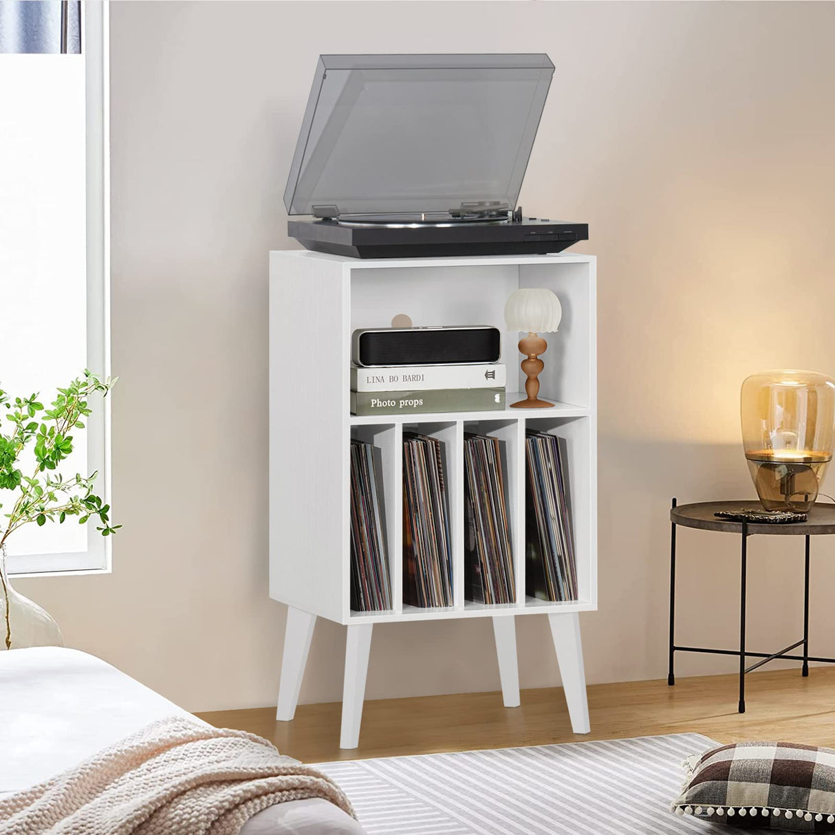 Lerliuo Record Player Stand, White Turntable Stand Holds up to 160 Albums, Mid-Century Vinyl Storage Cabinet Table with Solid Wood Legs, Record Player Holder Dispaly Shelf for Bedroom Living Room Lerliuo