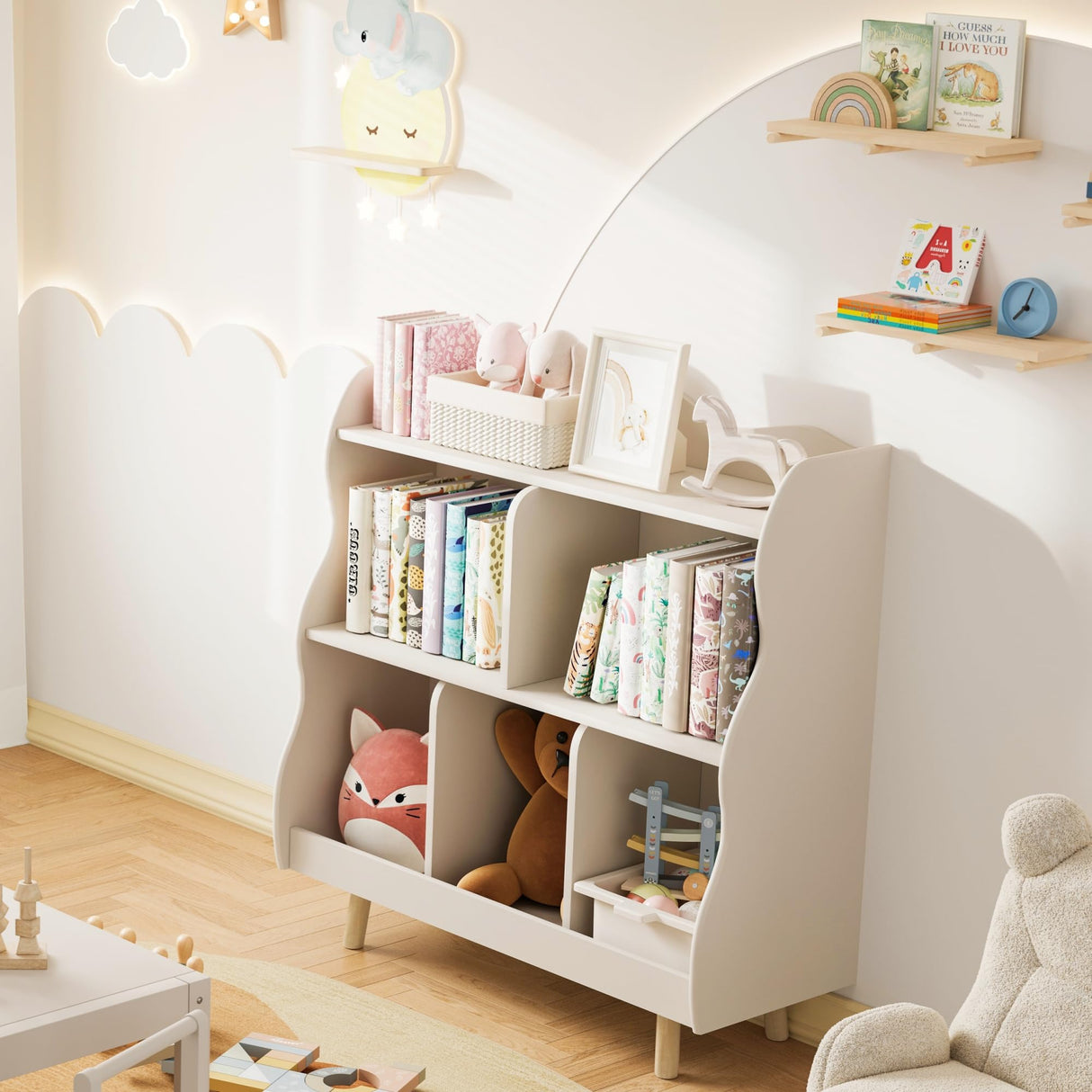 Treocho Kids Bookshelf and Toy Storage Orangizer, 3-Tier Wooden Children's Bookcase with Curve Design, 5 Cubbies Toy Storage Cabinet Display with Legs for Children's Room, Playroom, School, White Treocho