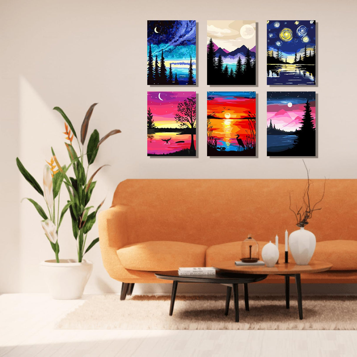 TINY FUN 6PC Paint by Number Kit for Adults DIY Oil Painting Kit 12x16 Inch Unframed Canvas, Nature Landscape Art Beginner Friendly Craft Kits for Home Decor Gift TINY FUN