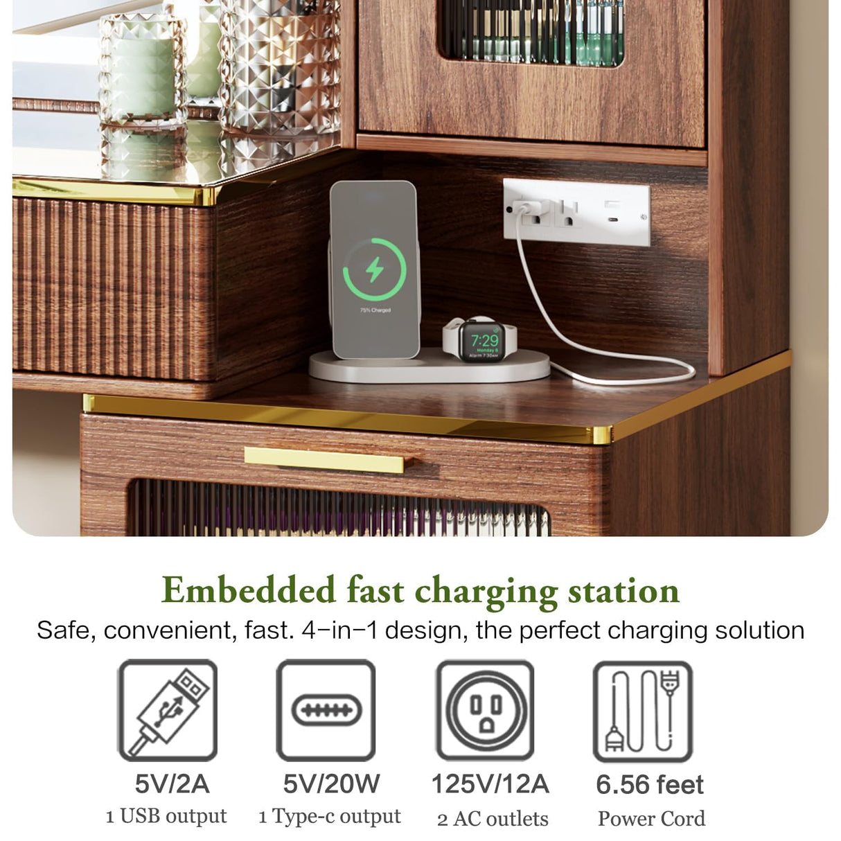 Chrangmay 47.24" Big Modern Vanity Desk with Mirror and Lights,Makeup Vanity Desk with 5 Drawers and Storage Shelves & Power Outlet,Dressing Table with Glass Top, Brown Chrangmay